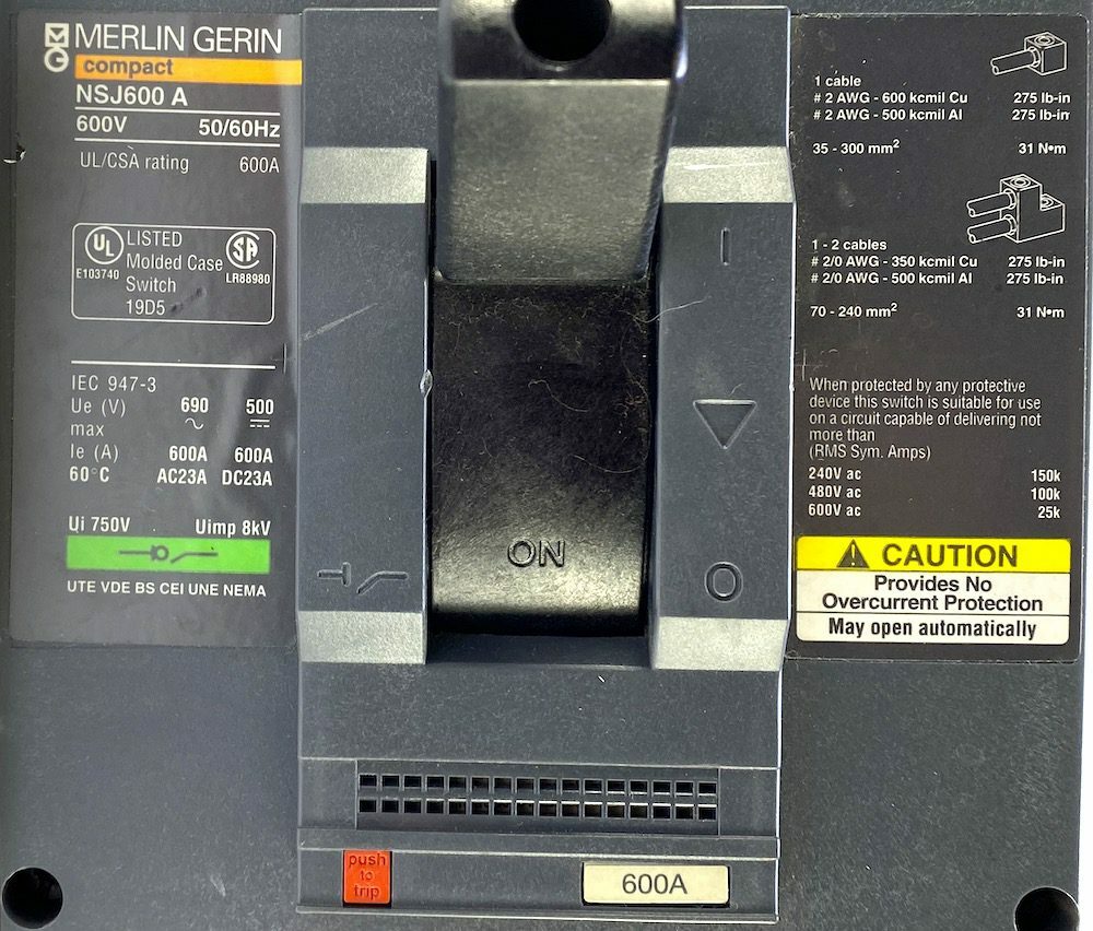 Merlin Gerin NSJ600A 3 Pole 600 Amp Molded Case Switch w/Base