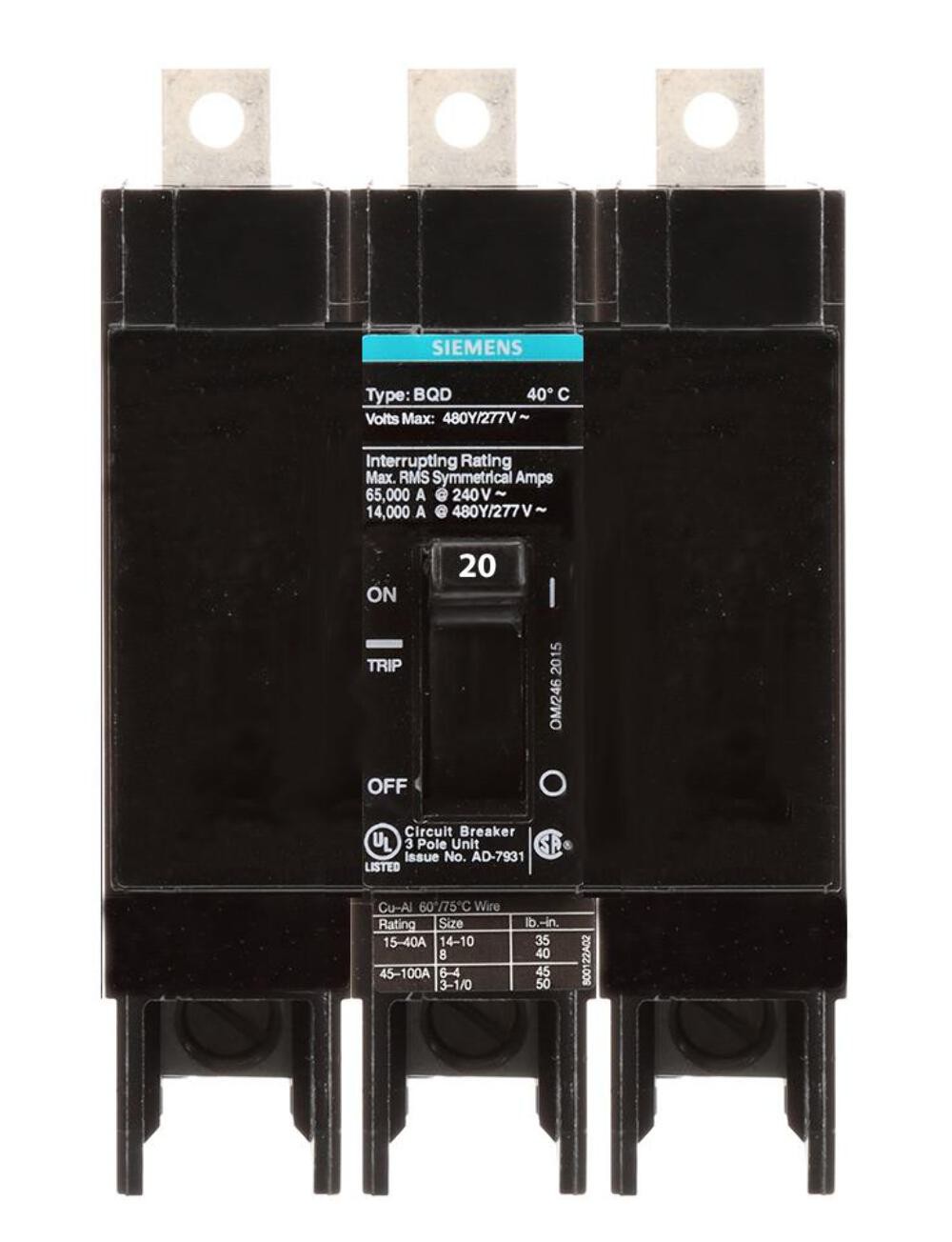 BQD320 – Siemens Bolt-on 480V 20A 3 pole circuit breaker 14kA@480V Factory New
