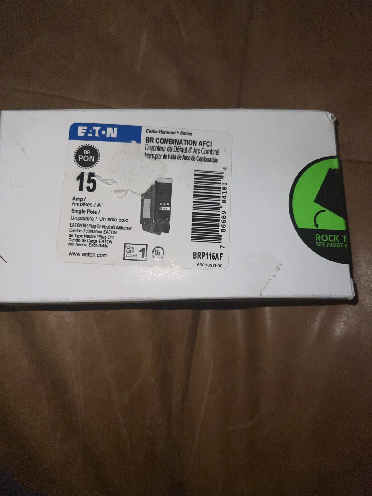 Eaton BRP115AF 15A ARC Fault Breaker Plug-On Neutral 120V Circuit Breaker