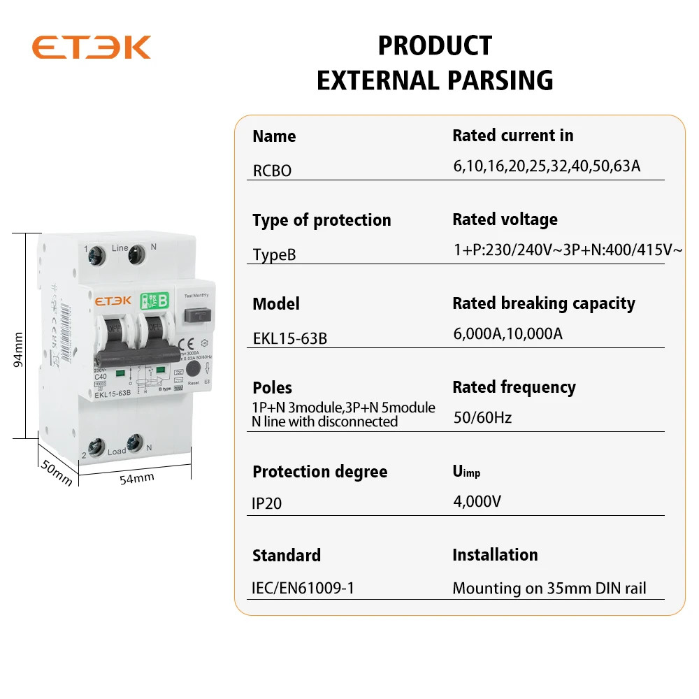 ETEC RCD 30mA Low Voltage B Type 40A Over Current And Leakage Protection RCBO 10