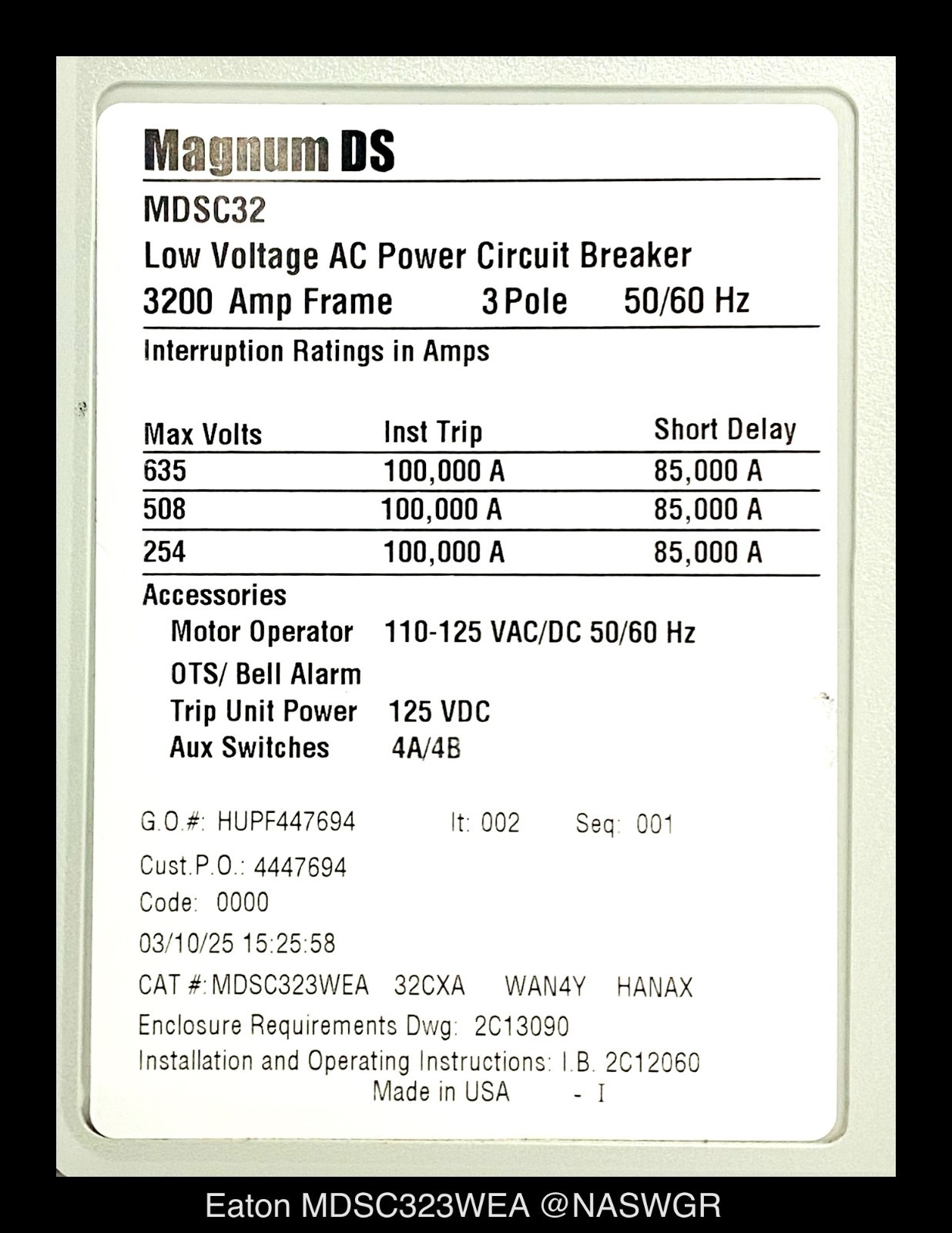 Eaton Magnum MDSC323WEA32CXAWAN4YHANAX – 3200 Amp – Unused/1Yr Warranty