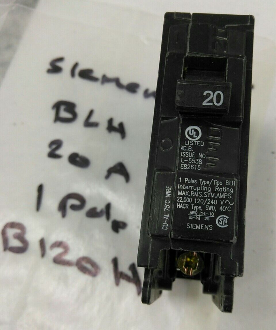 SIEMENS/BREAKER/B120H/ 20A/1P/120VAC/22KA/TYPE BLH/BOLT-IN/USE(L149
