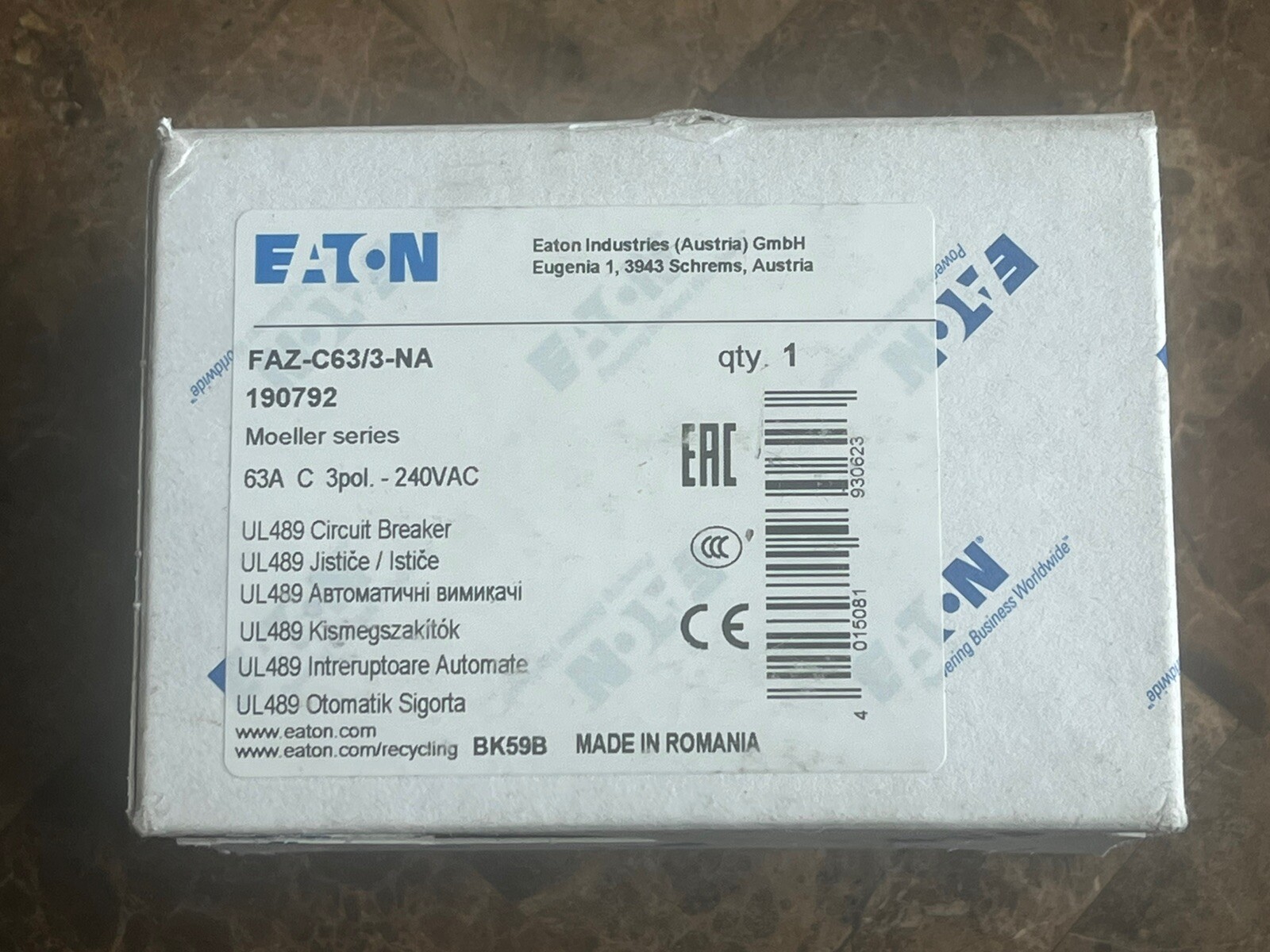 EATON FAZ-C63/3-NA CIRCUIT BREAKER, 3-POLE, 63A, 240V, C CURVE, NIB | SISU