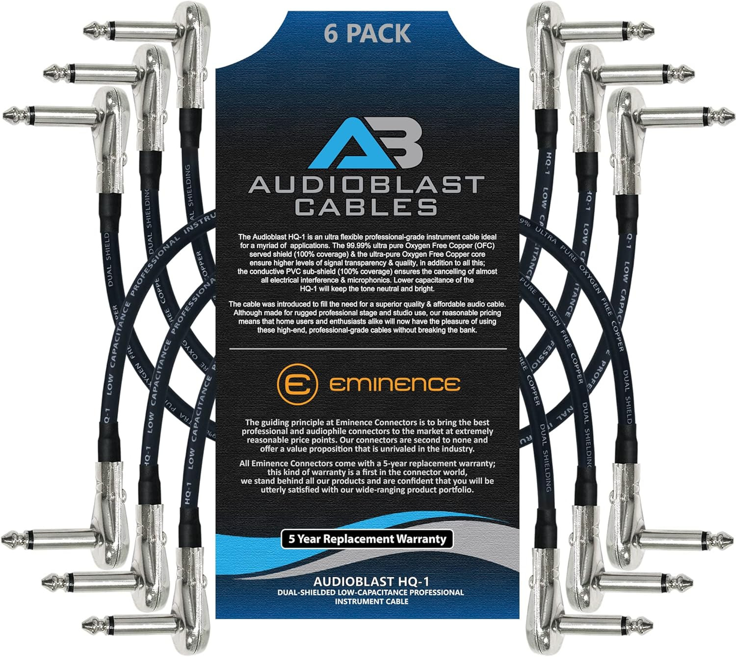 Audioblast HQ-1 6″ Dual Shielded Instrument Patch Cables with Low-Profile Connec