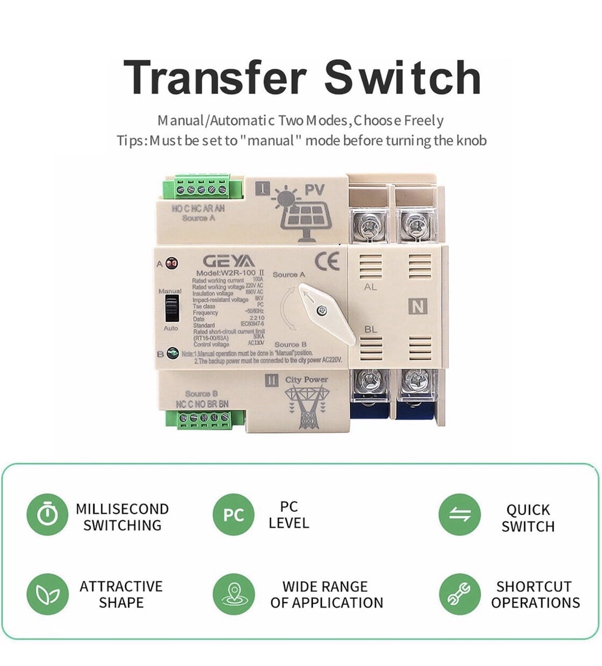 On-Grid Solar Power Automatic Transfer Switch Din Rail 2P 63A 110vac ATS PV