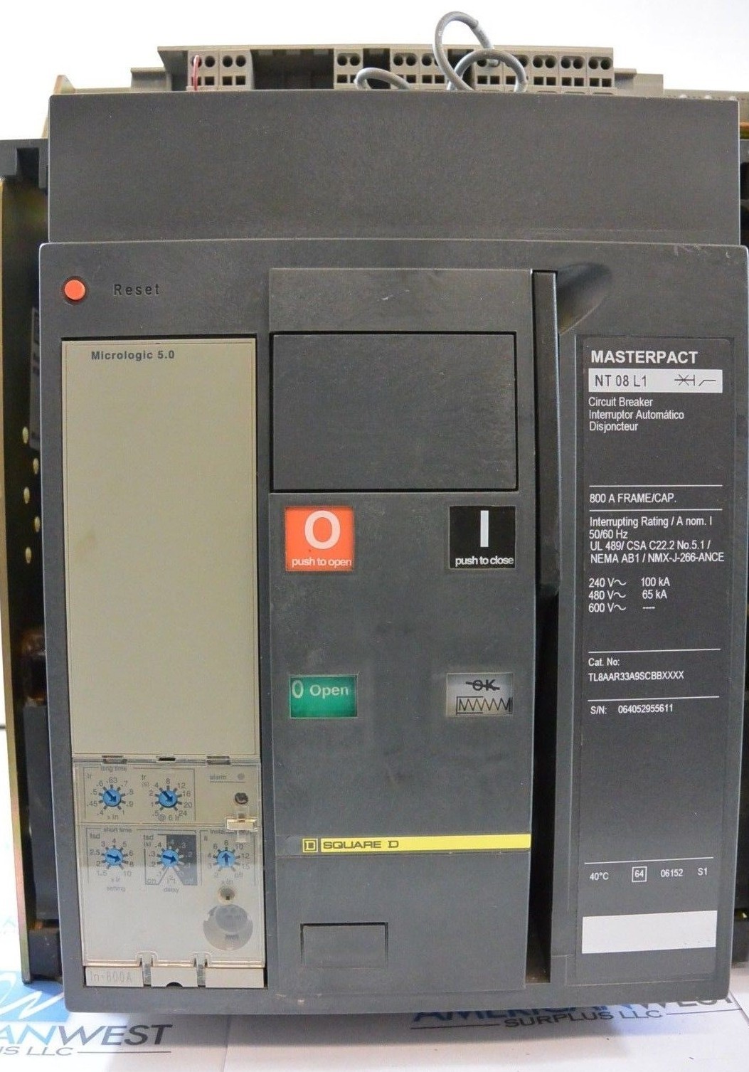 Square D MasterPact NT08L1 Circuit Breaker Micrologic 5.0 S133A 800a Elec Op