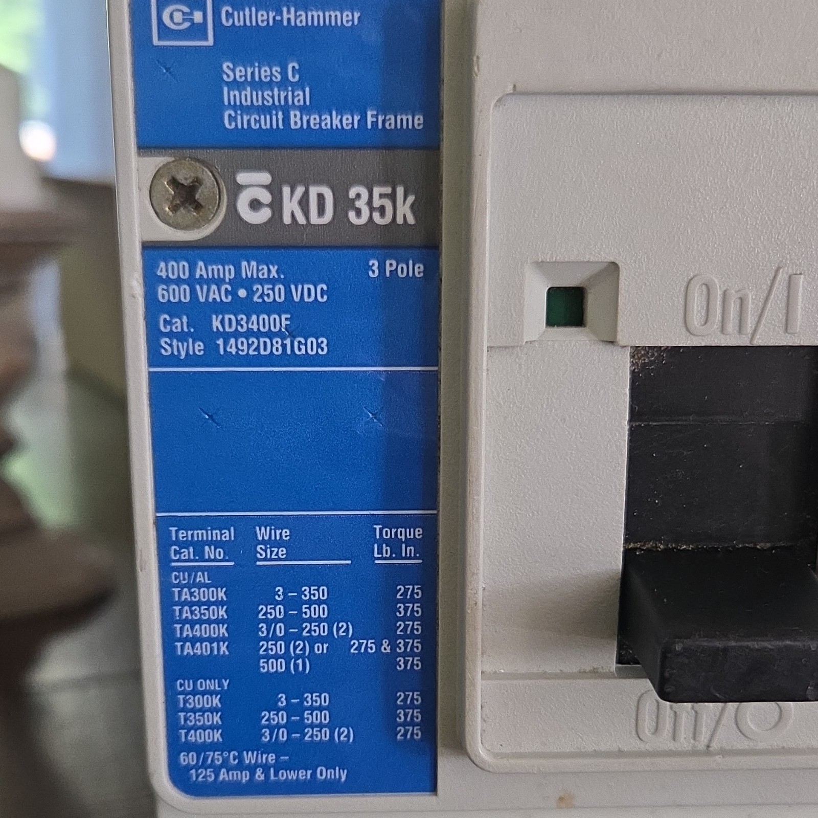 Cutler-Hammer KD 35k Series C 3-Pole 400A 600VAC Thermal Magnetic KD3400F