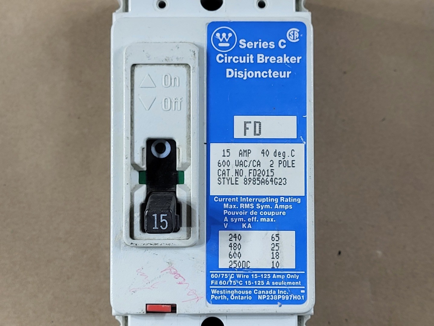 Westinghouse FD2015 15 Amp, 2 Pole, 600 volts Circuit Breaker – Electrical