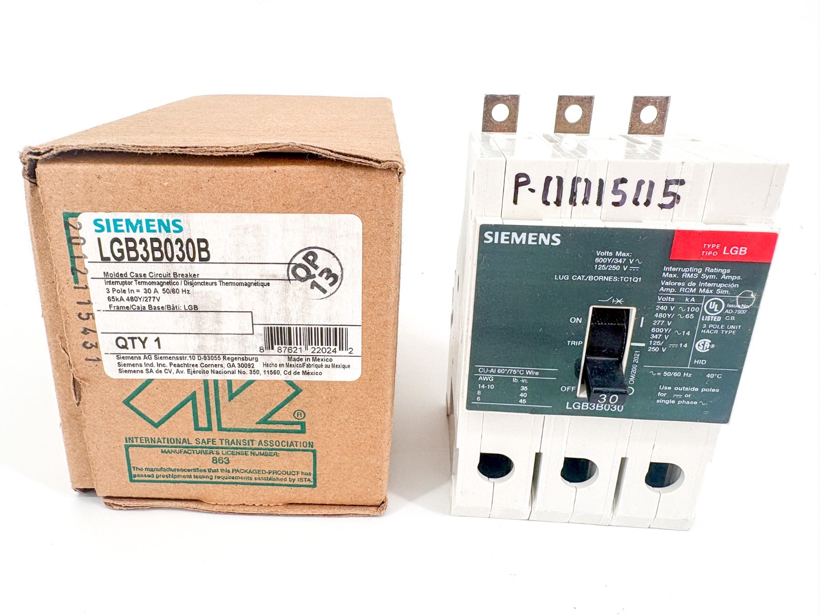 New Siemens LGB3B030B Circuit Breaker 30A 480Y/277V 3-Pole