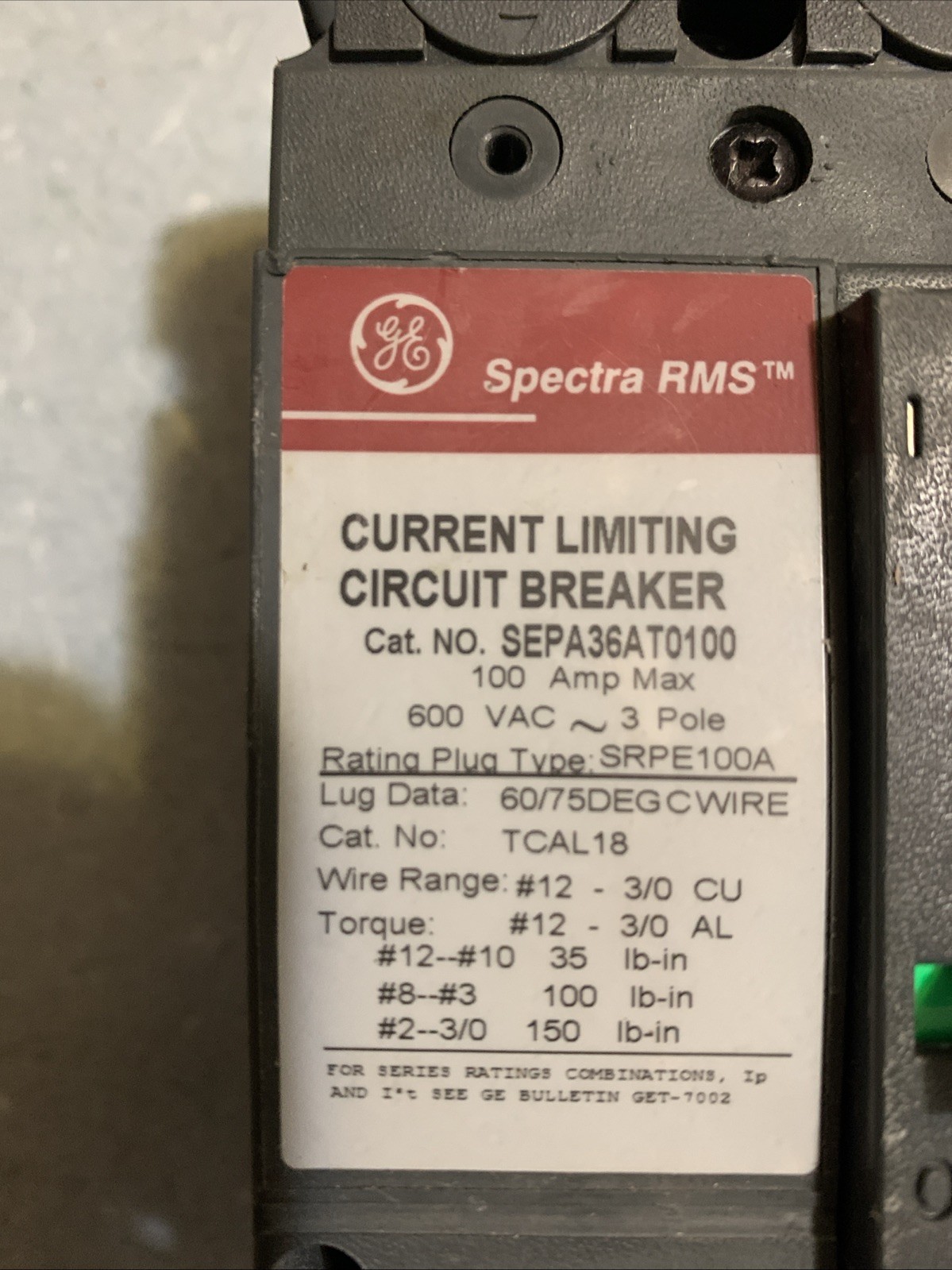 GE Spectra RMS AC Circuit Breaker 100A SEPA36AT0100 600V