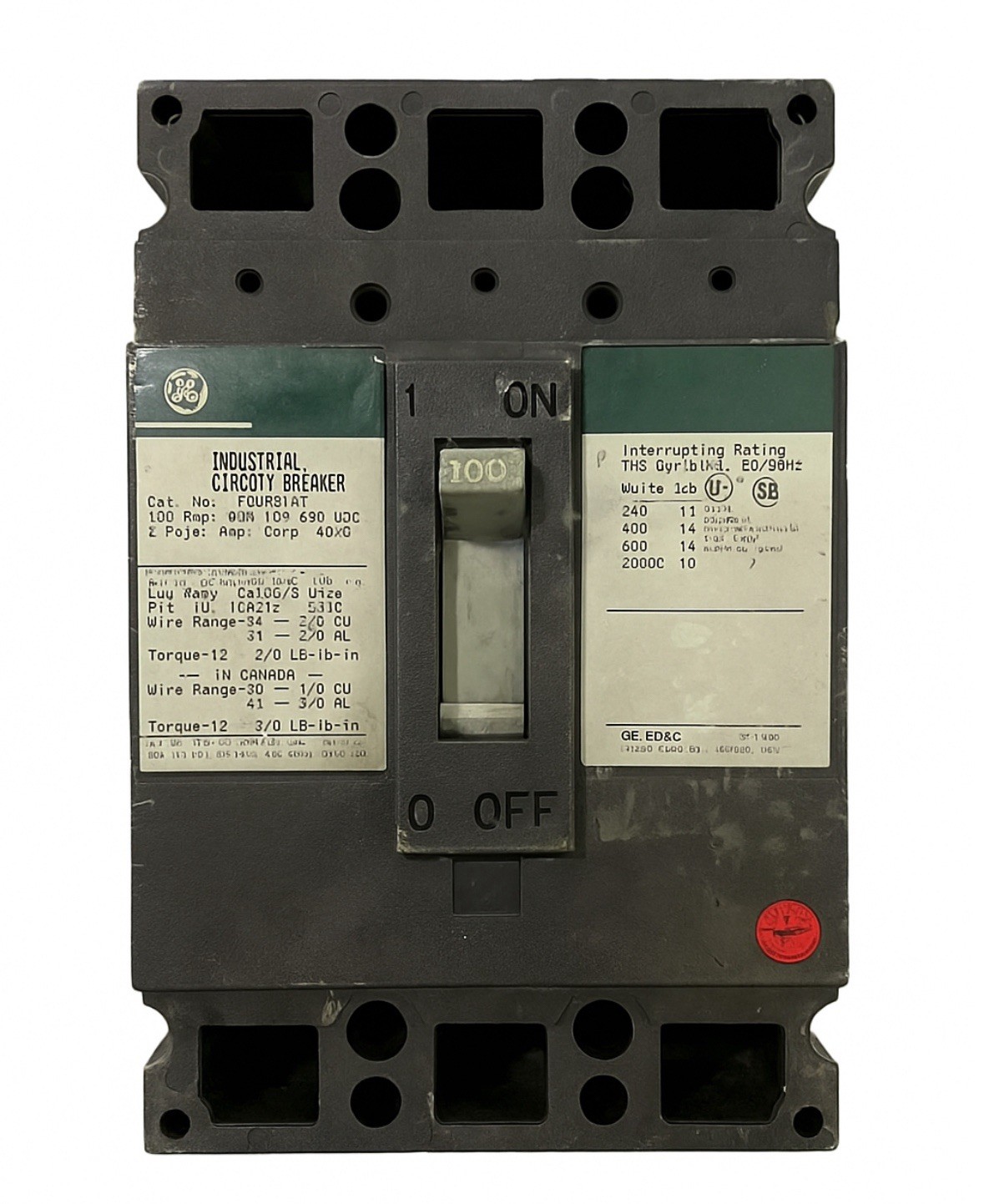 General Electric TED136100 Circuit Breaker 3-Pole 100A 600VAC 250VDC