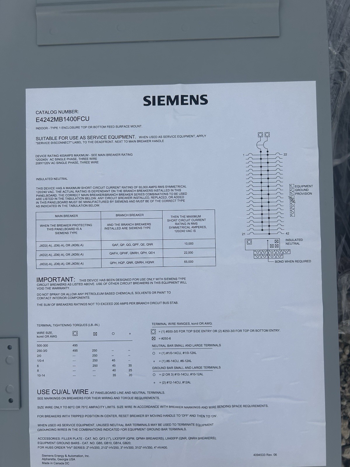 Siemens E4242MB1400FCU 400A 42-Circuit Load Center Main Breaker 120/240V 1-Phase