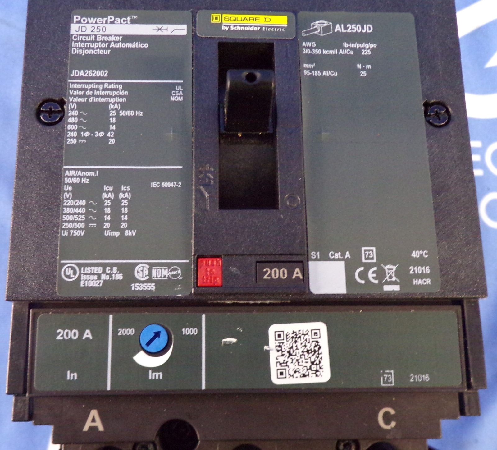 NIB SQUARE D CIRCUIT BREAKER JDA262002AC I-LINE 200A 600V 2P 1YR WARRANTY