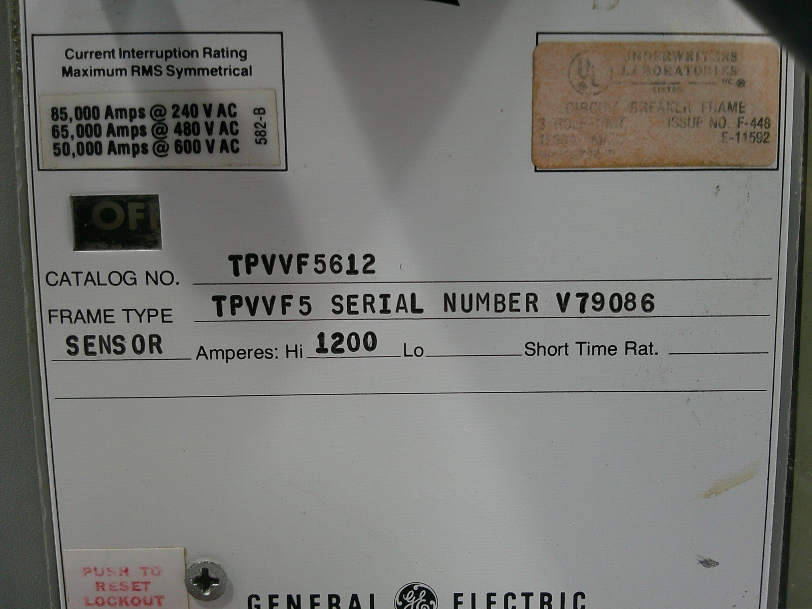General Electric TPVVF5612 1200 Amp PowerBreak Breaker Micro Versa-Trip 1200A GE