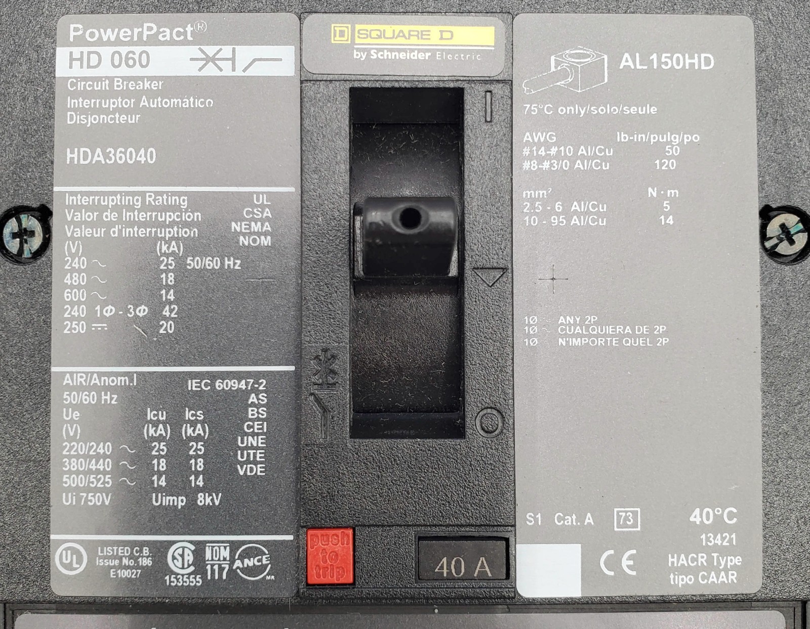 Square D HDA36040 PowerPact HD 060Circuit Breaker 3P 600V 40A