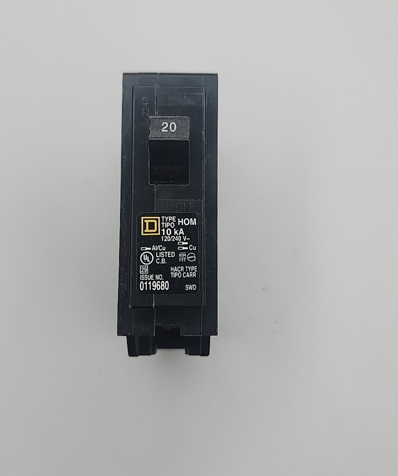 Square D HOM120CP 20 Electric Amp Single Pole Circuit Breaker, 120/240 Volts