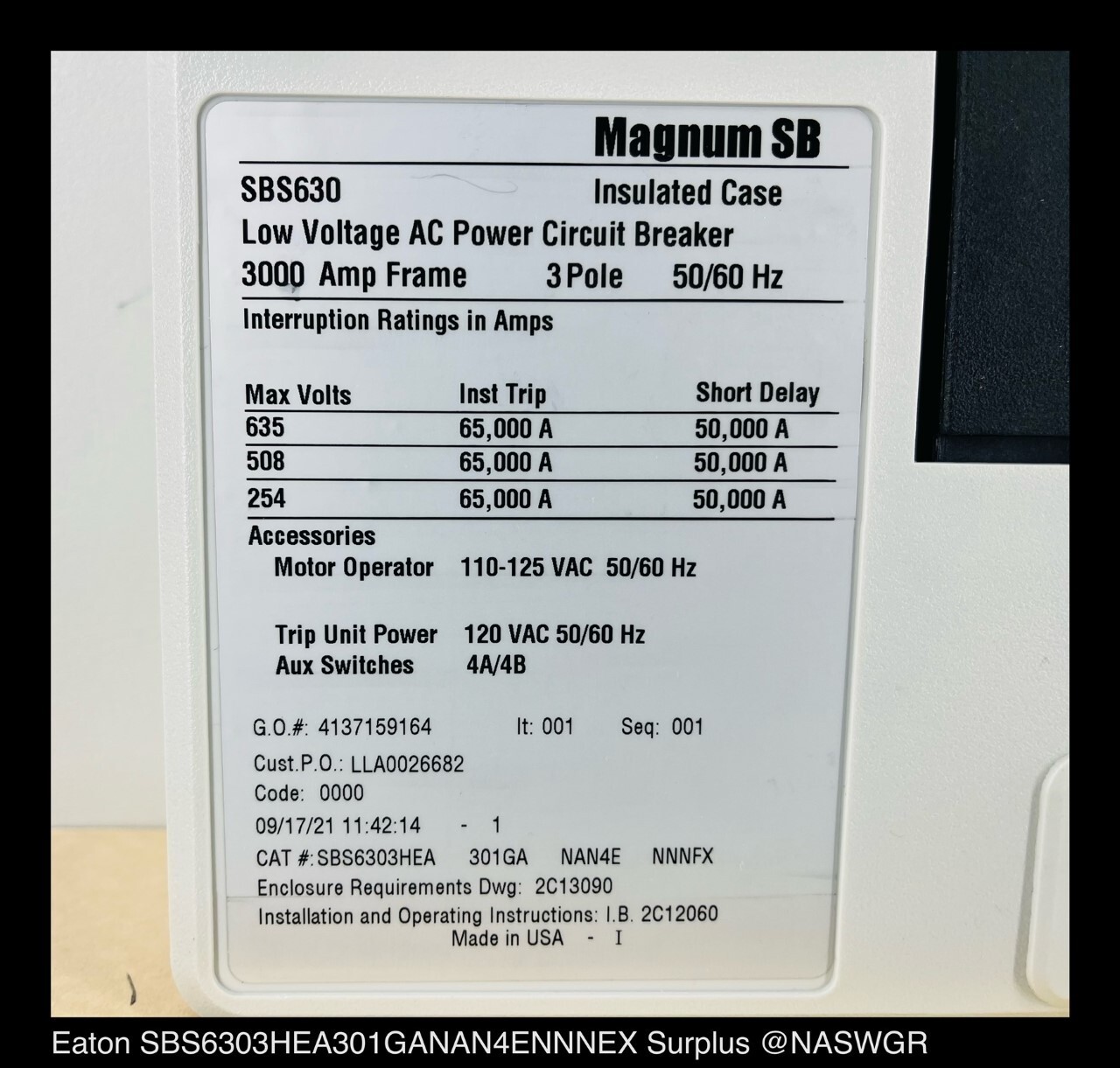 Eaton Magnum SB SBS630 Breaker (E/O,B/I) ~ 3000 Amp – Unused Surplus