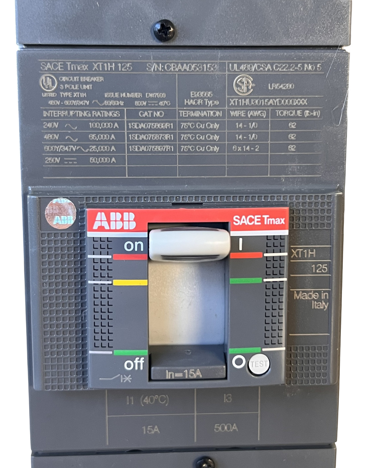 ABB XT1HU3015AYD000XXX Circuit Breaker 15A 3-Pole 600V XT1H Thermal Magnetic UL/