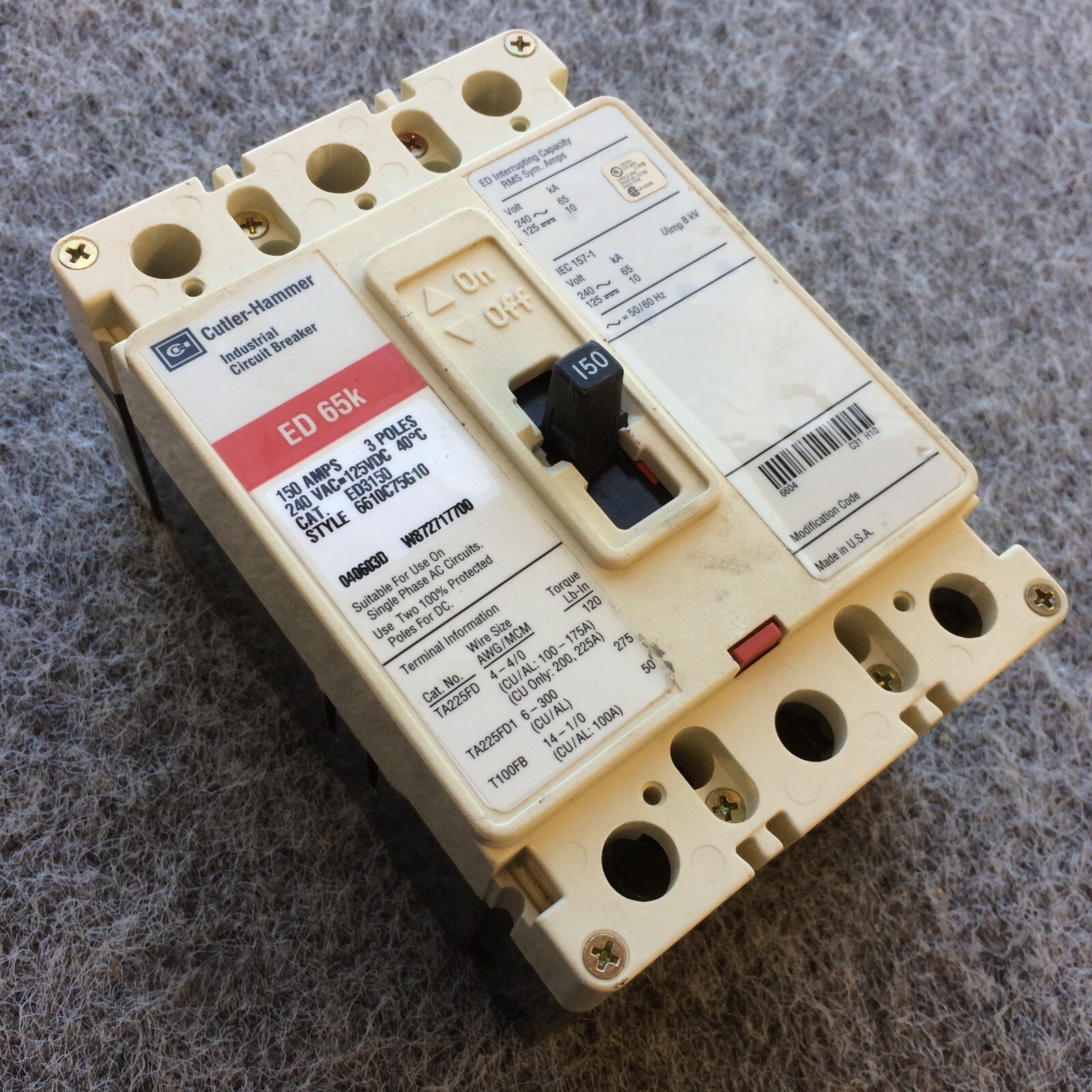 Eaton / Cutler-Hammer ED3150 3 Pole Circuit Breaker 150 Amp ED 65k