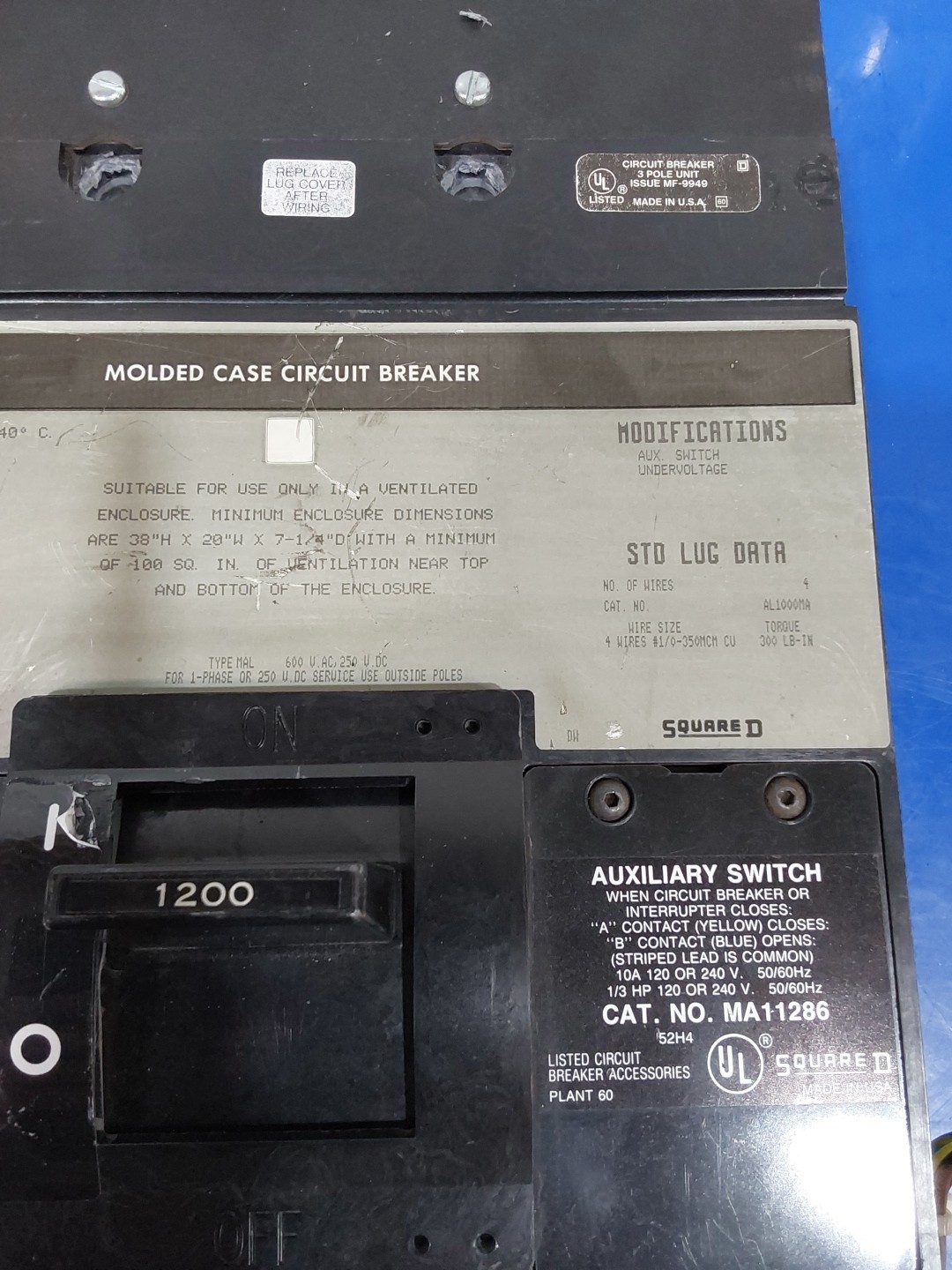 Square D MHL3612001287 Molded Case Circuit Breaker ~1200 Amp