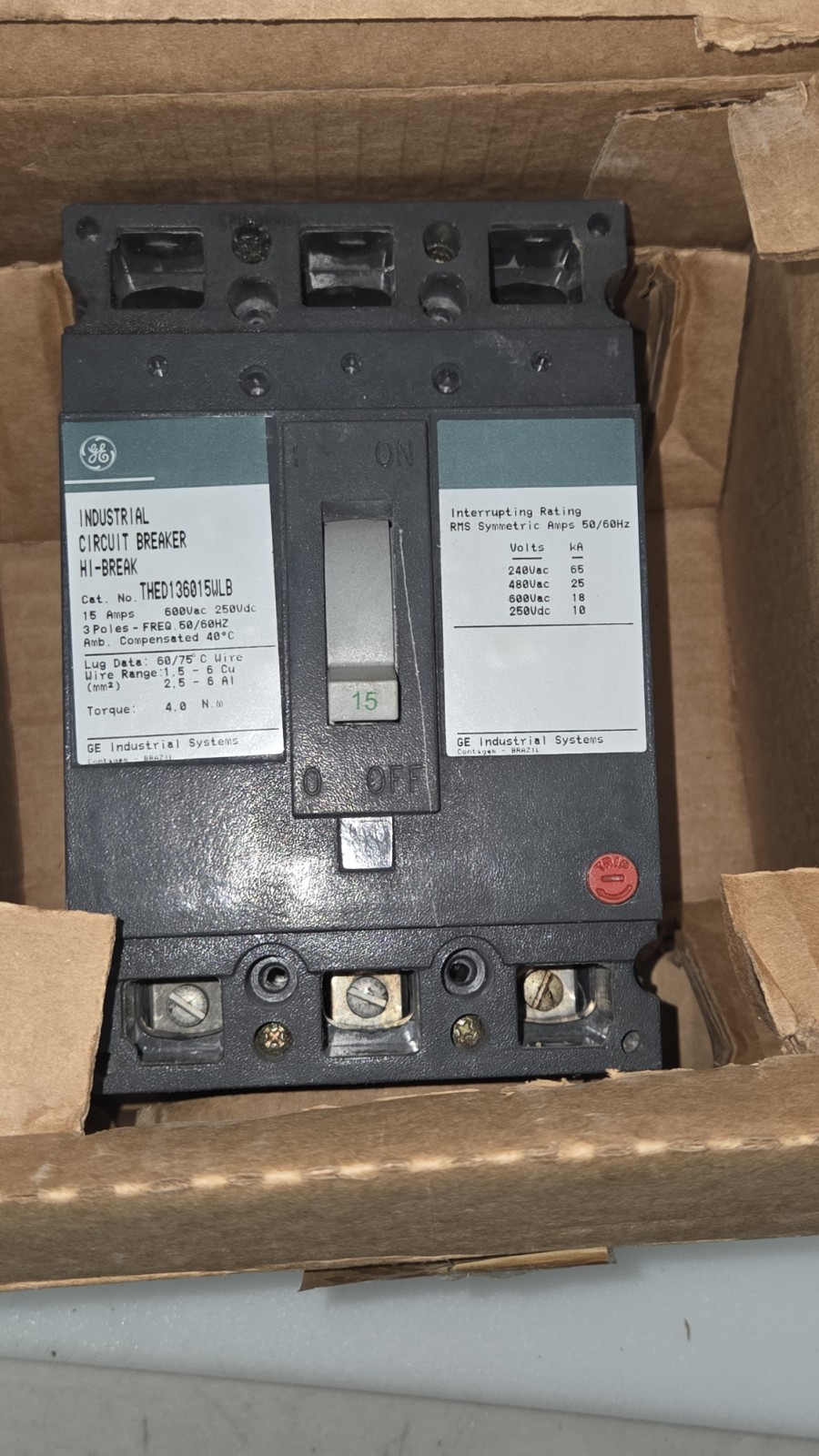 GE THED136015WL 15A 3-POLE FEED-THRU CIRCUIT BREAKER, 600V 25KA/480V