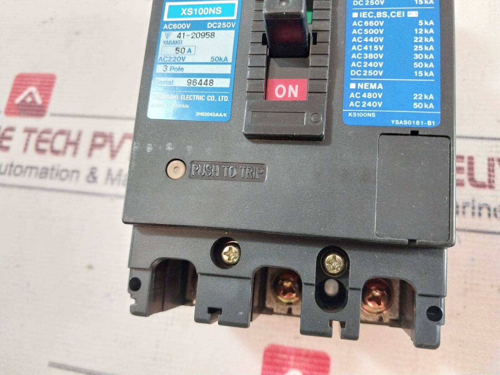 TERASAKI XS100NS TEMBREAK Circuit Breaker 50A 3 Pole AC 600V DC 250V