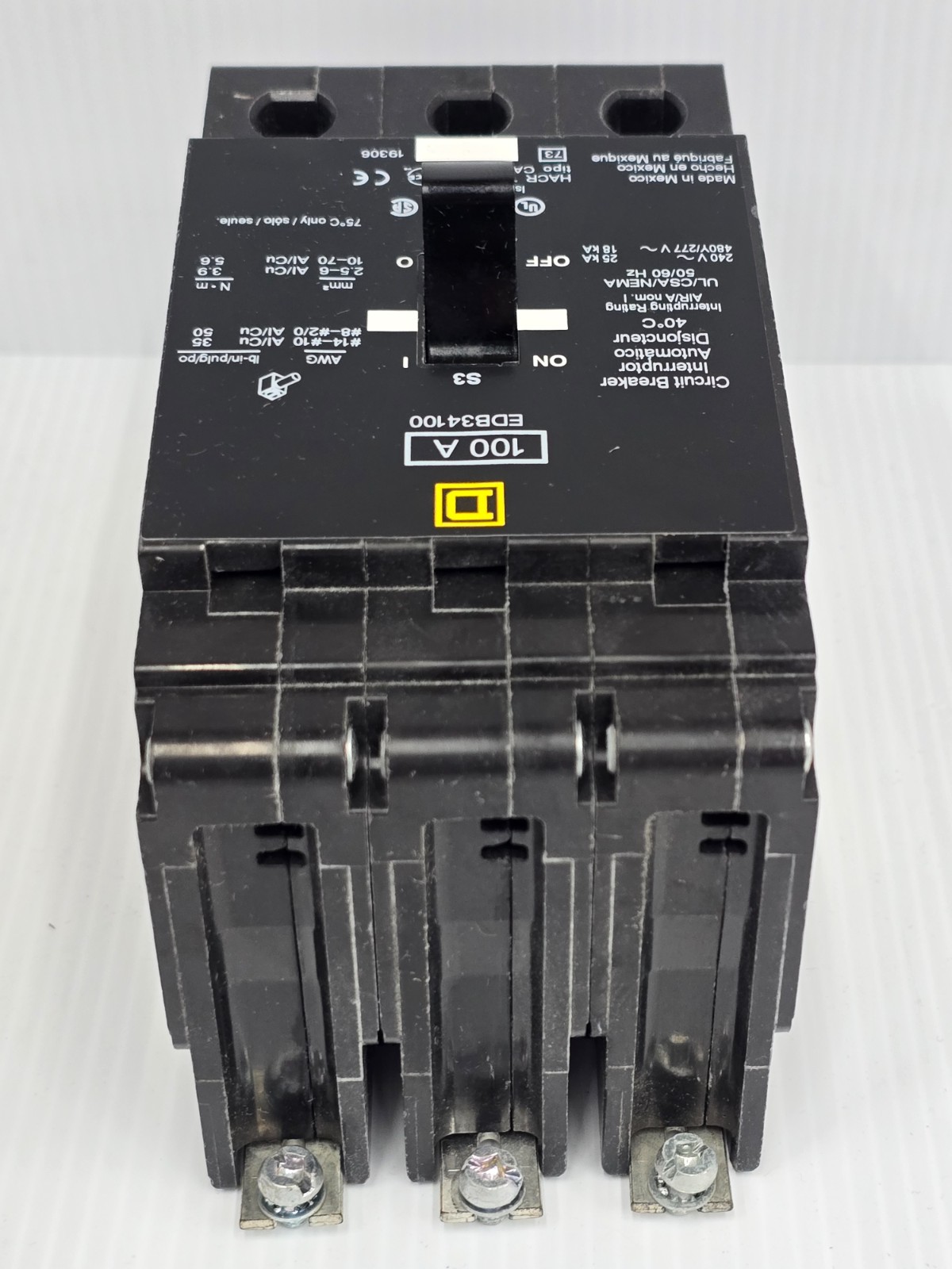 New Square D 100 Amp Bolt-On Circuit Breaker 480Y/277 VAC 3 Pole 25 kA EDB34100