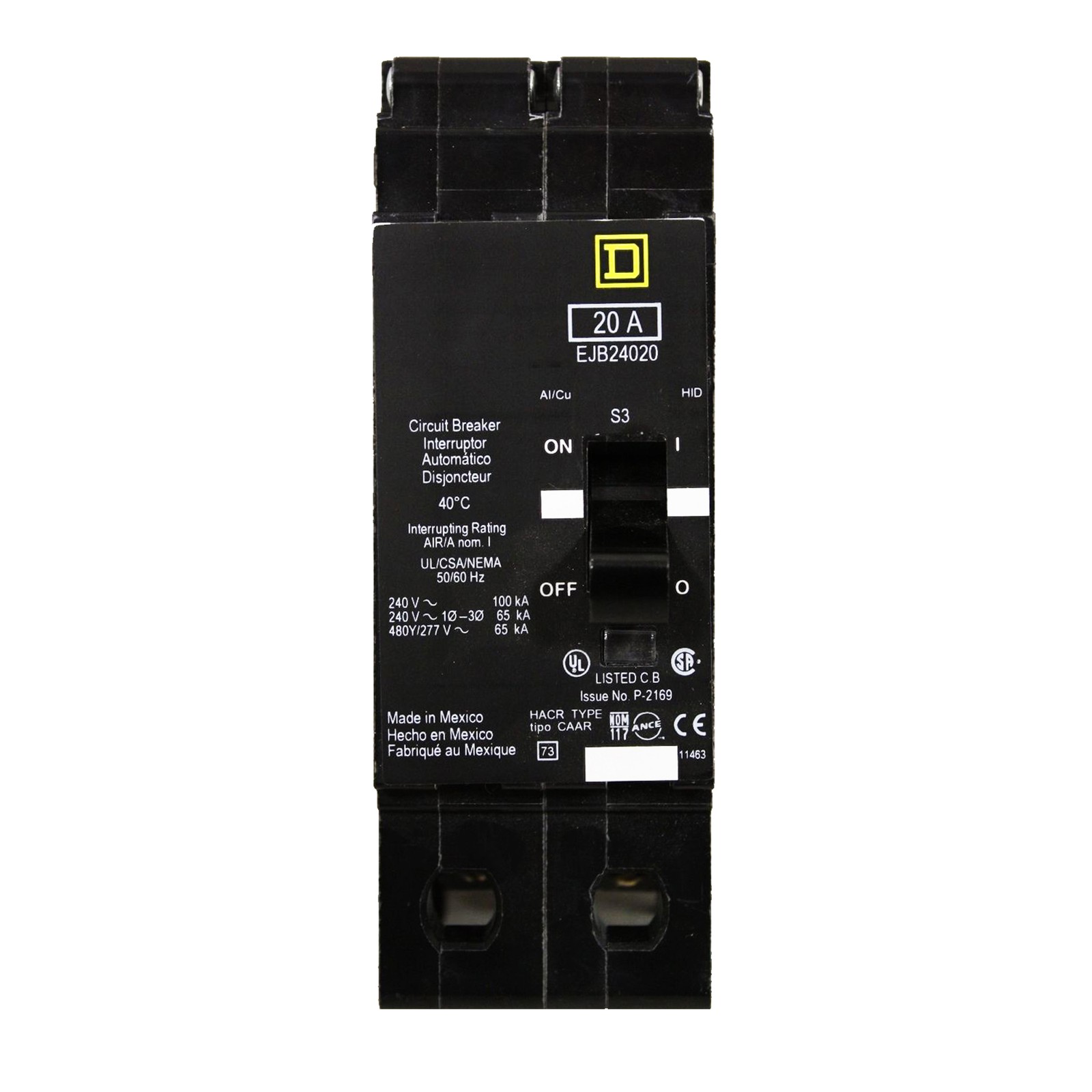 SQUARE D EJB24020 CIRCUIT BREAKER, 480/277-VOLT, 2-POLE, 20-AMP, 65KAIC, EJB