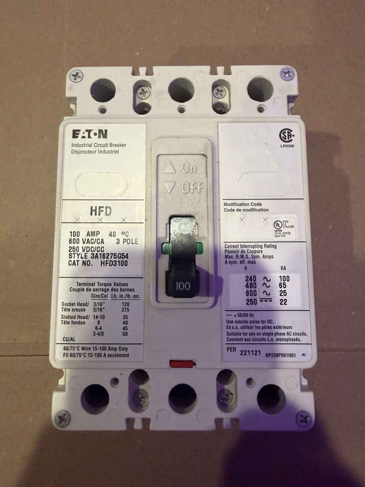 Eaton HFD3100 100A 3-Pole 600V Circuit Breaker