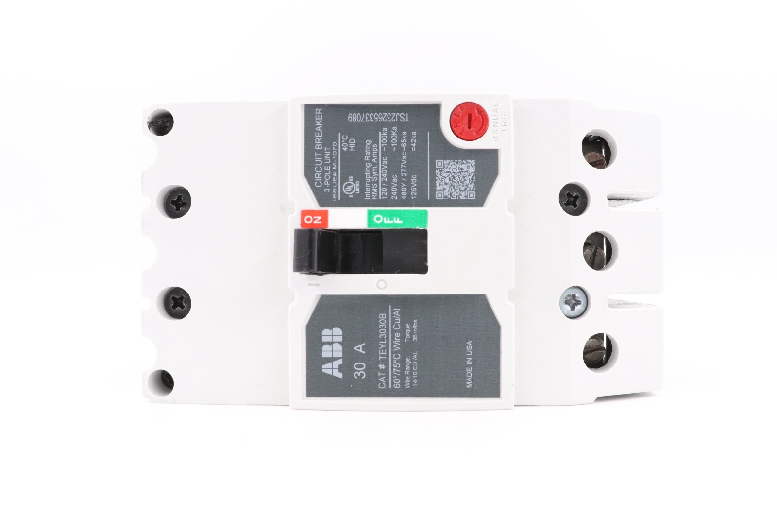 ABB/GE TEYL3030B 30A 3-POLE BOLT-ON CIRCUIT BREAKER, 65KA@480Y/277VAC HACR
