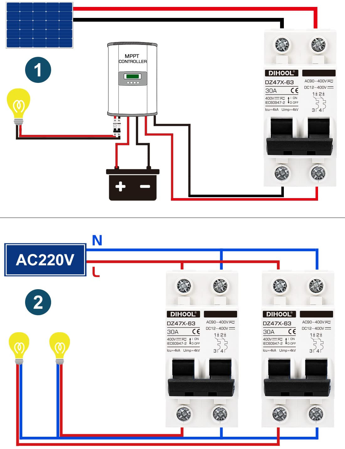 Solar Disconnect Switch, 30 Amp 2 Pole, DIN Rail Mount, Non Polarized, 12V 24V 4