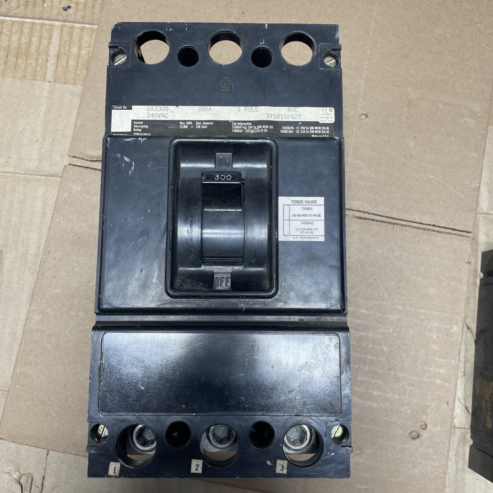 Westinghouse Circuit Breaker 300 Amp 240v 3 Pole DA3300