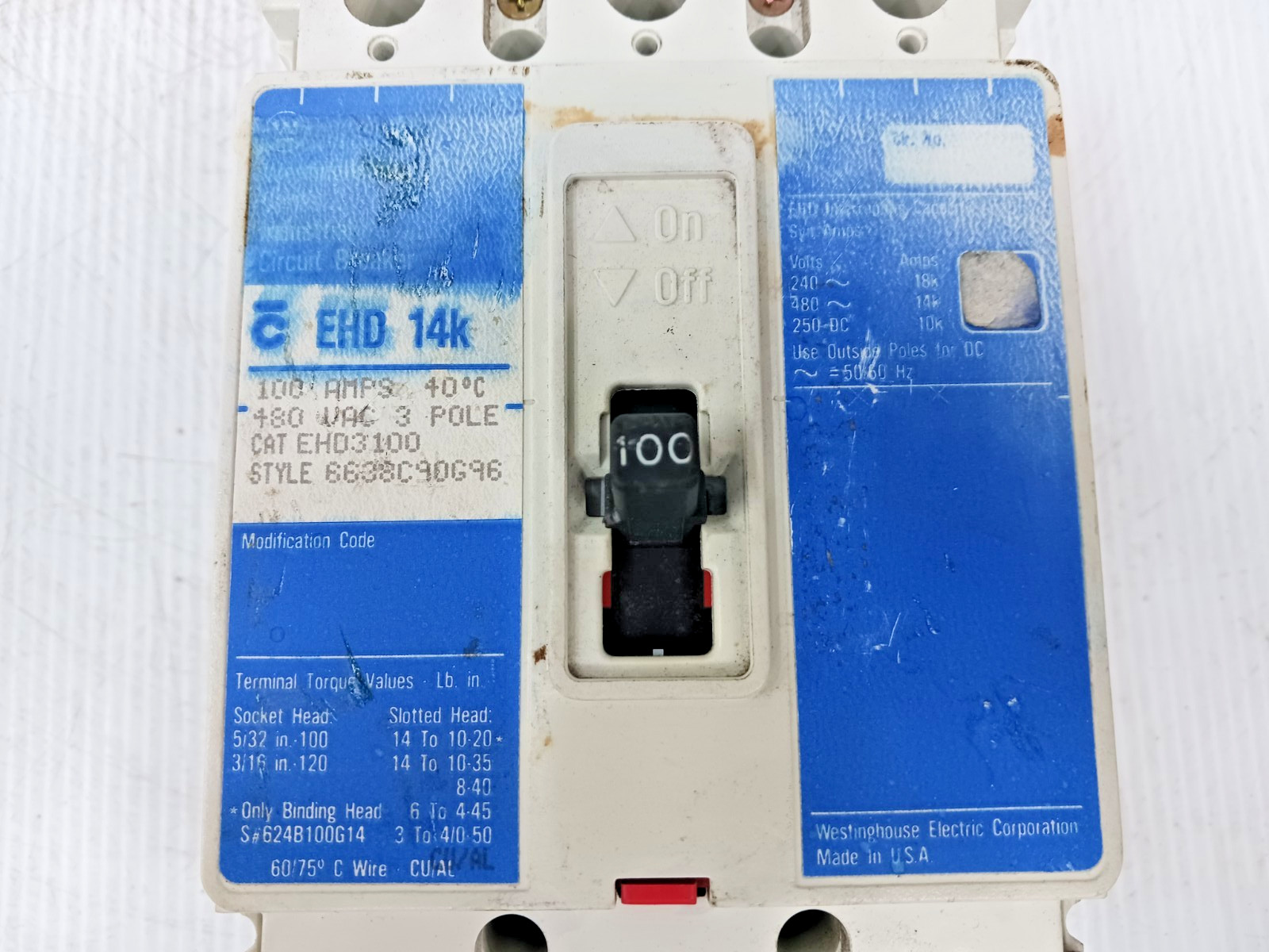 Westinghouse 100 Amp Circuit Breaker 3 Pole 480 VAC / 250 VDC EHD3100 *Flaw*