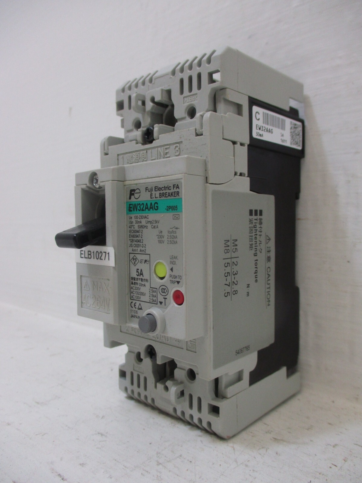 Fuji Electric EW32AAG-2P005 5 Amp FA E.L. Breaker 2-Pole 5A 100-230VAC
