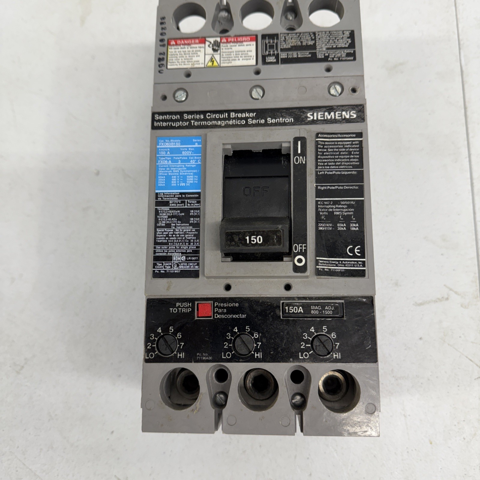 Siemens FXD63B150 3P 150A 600V Breaker w/150Amp Trip