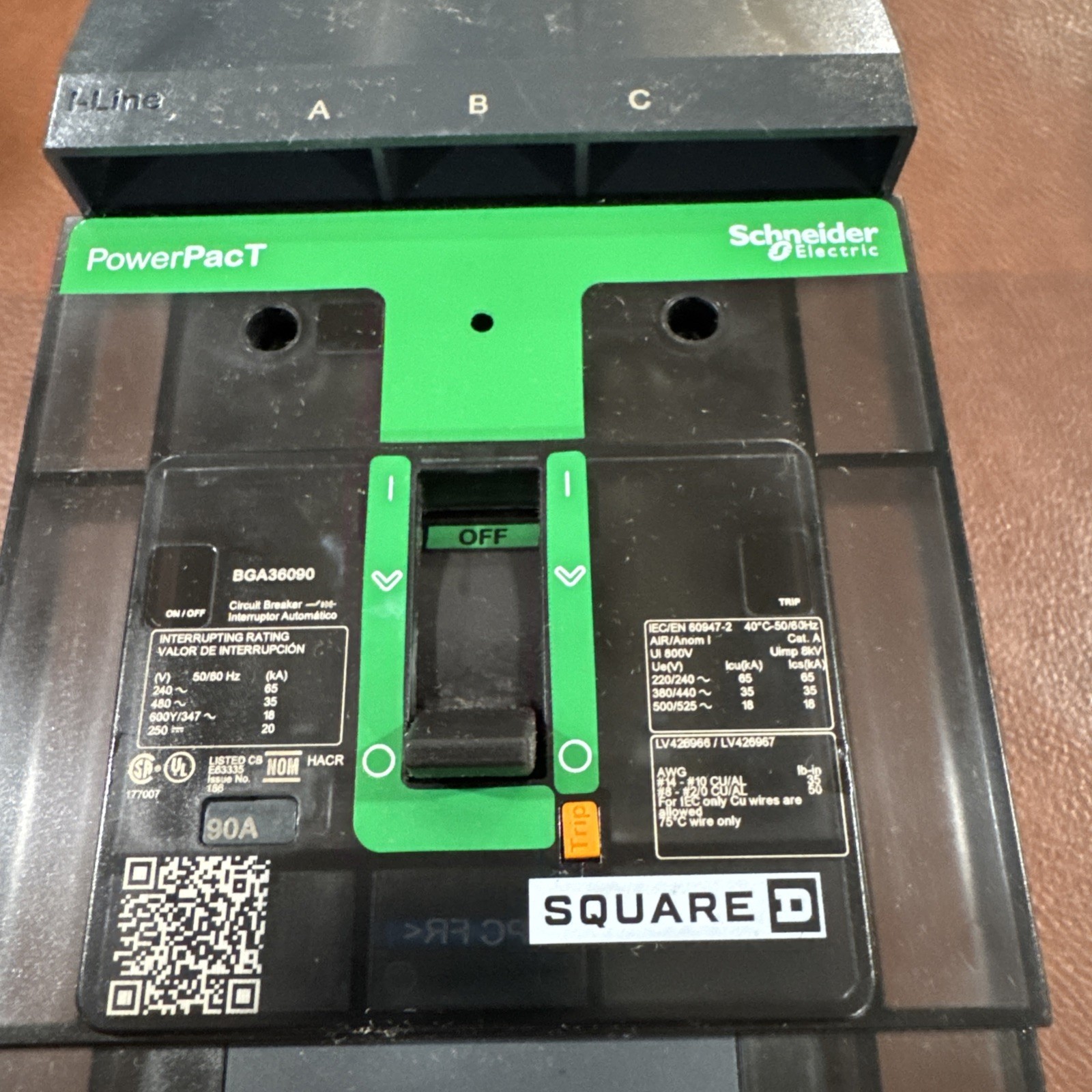 Square D BGA36090 I-Line Circuit Breaker 90A 3P 600V 3PH BGA 90 Amp PowerPact