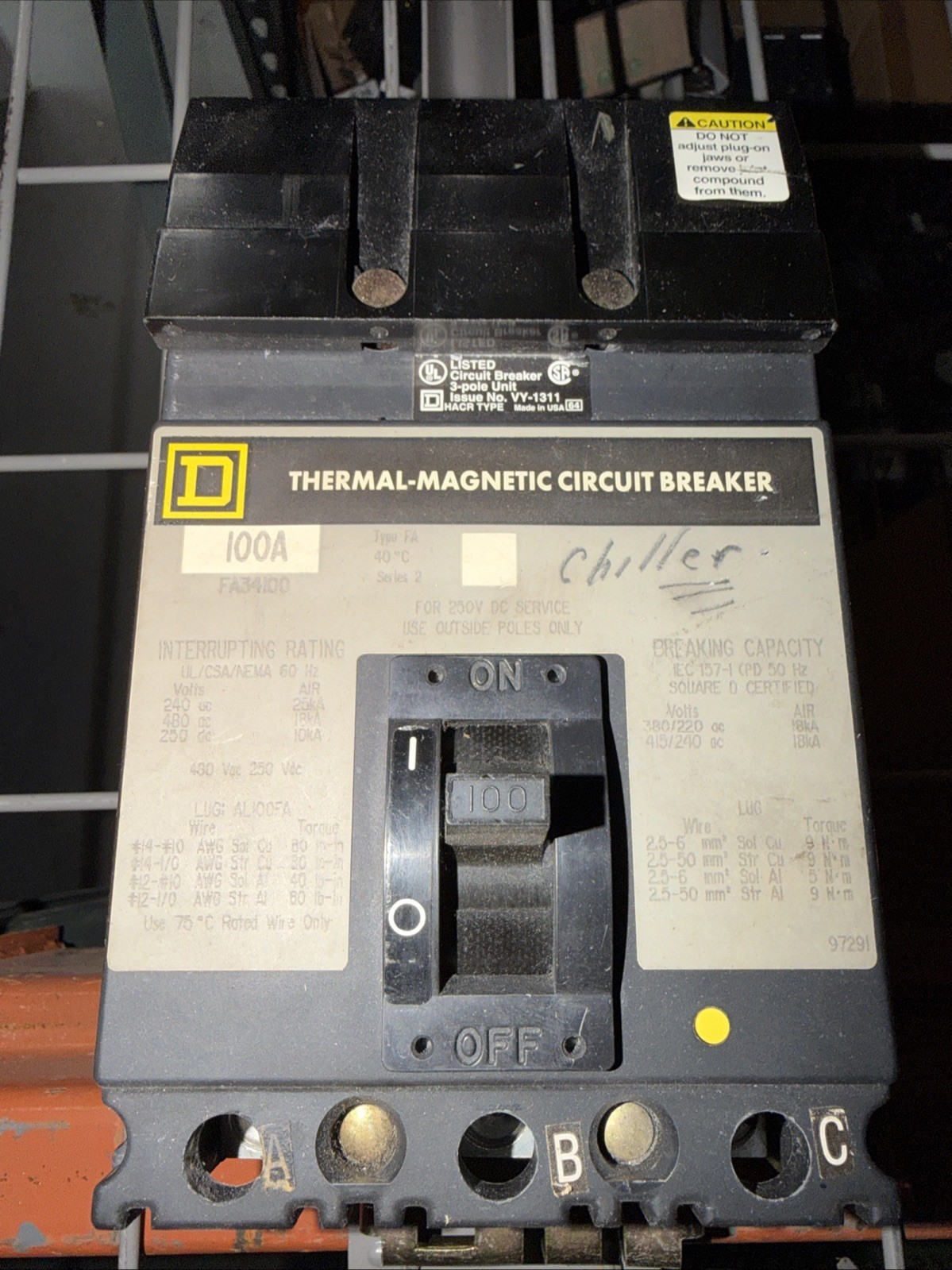 Square D I-Line FA34100 100A Circuit Breaker Green Label 480V 3P Type FA 100 Amp