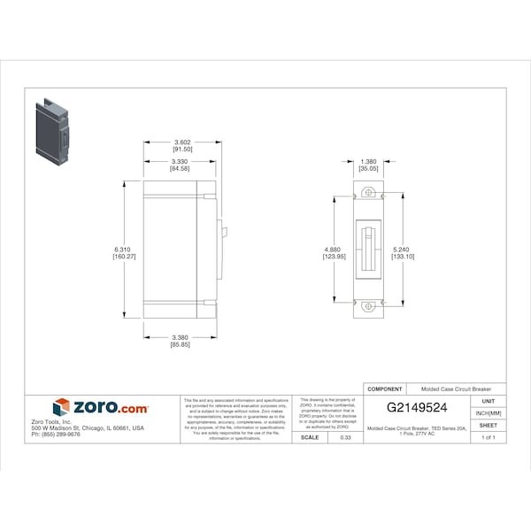 Ge Ted113020wl Molded Case Circuit Breaker, Ted Series, 20A, 1 Pole, 277V Ac,