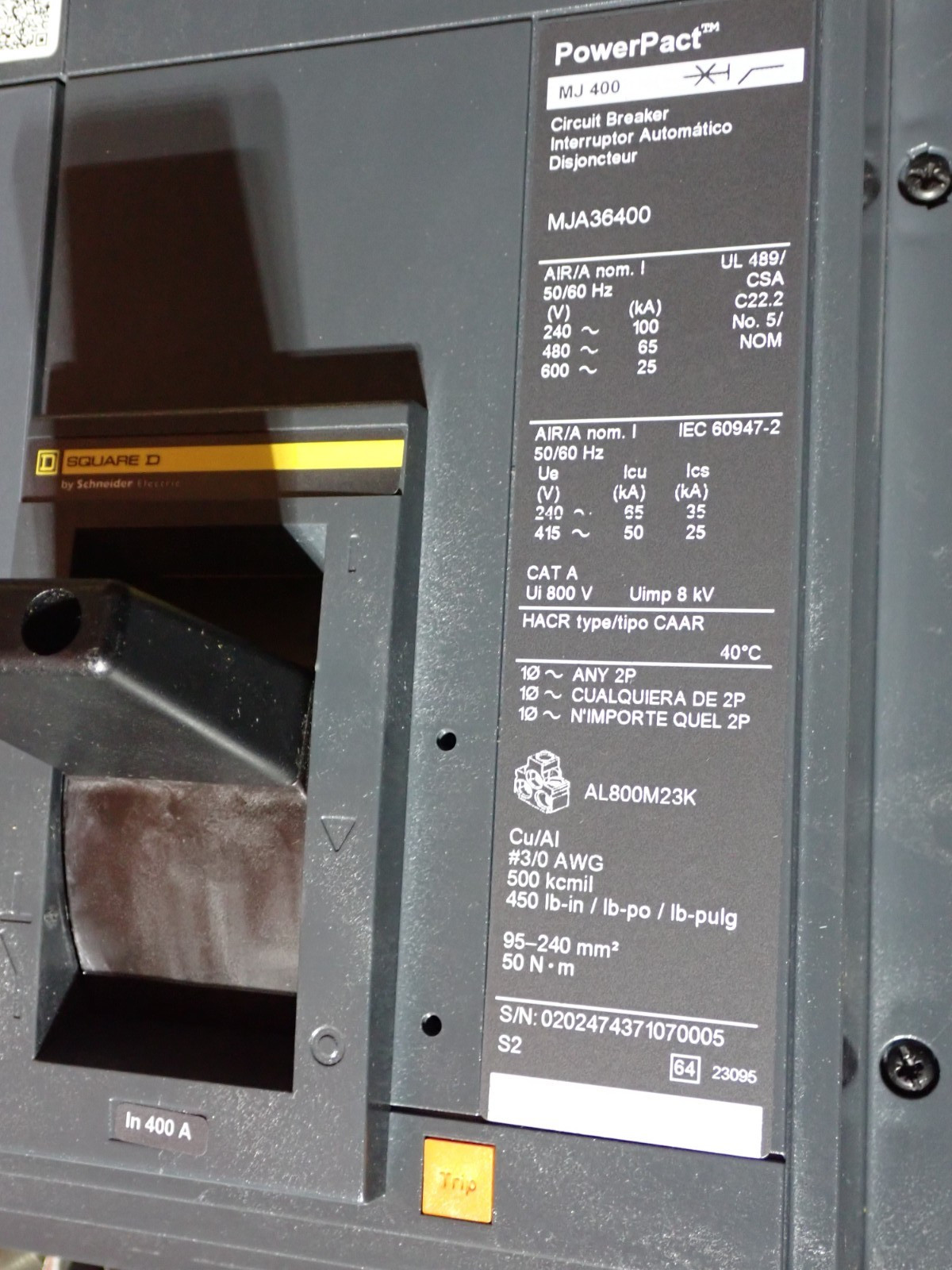 New Square D MJA36400 400 Amp65kA@480v 600 VAC 3 Pole PowerPact M I-Line Breaker