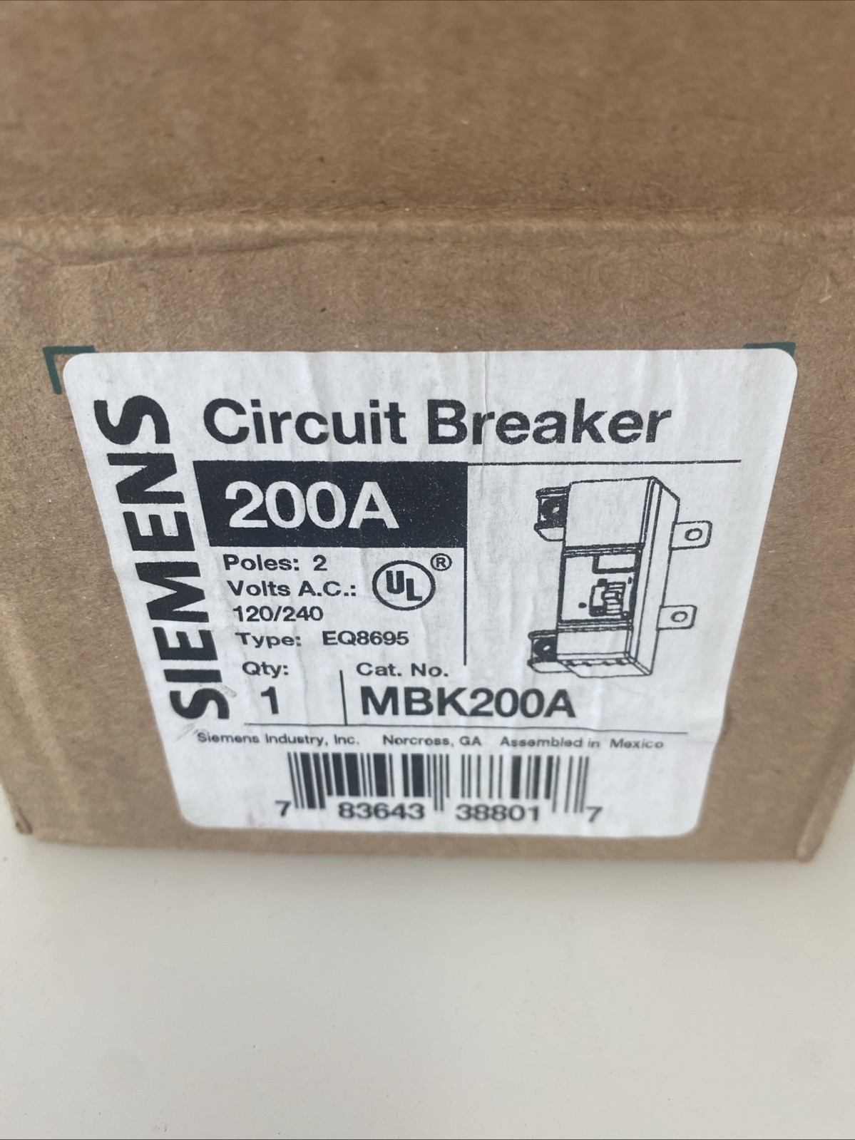 NEW Siemens MBK200A Main Circuit Breaker 200A 2-Pole 120/240v AC Type EQ8695