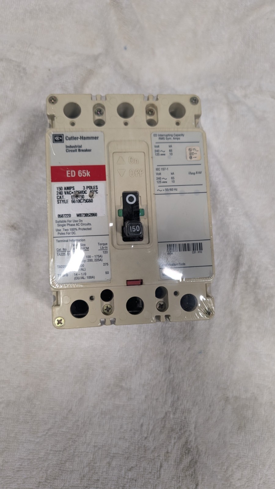 Cutler-Hammer ED65k 150 amp 3 pole circuit breaker