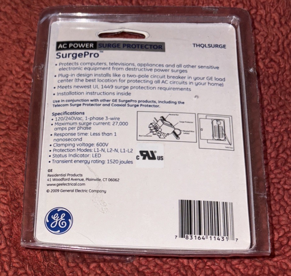 GE SurgePro AC Power Surge Protector Arrester, Model THQLSURGE, 120/240Vac NEW