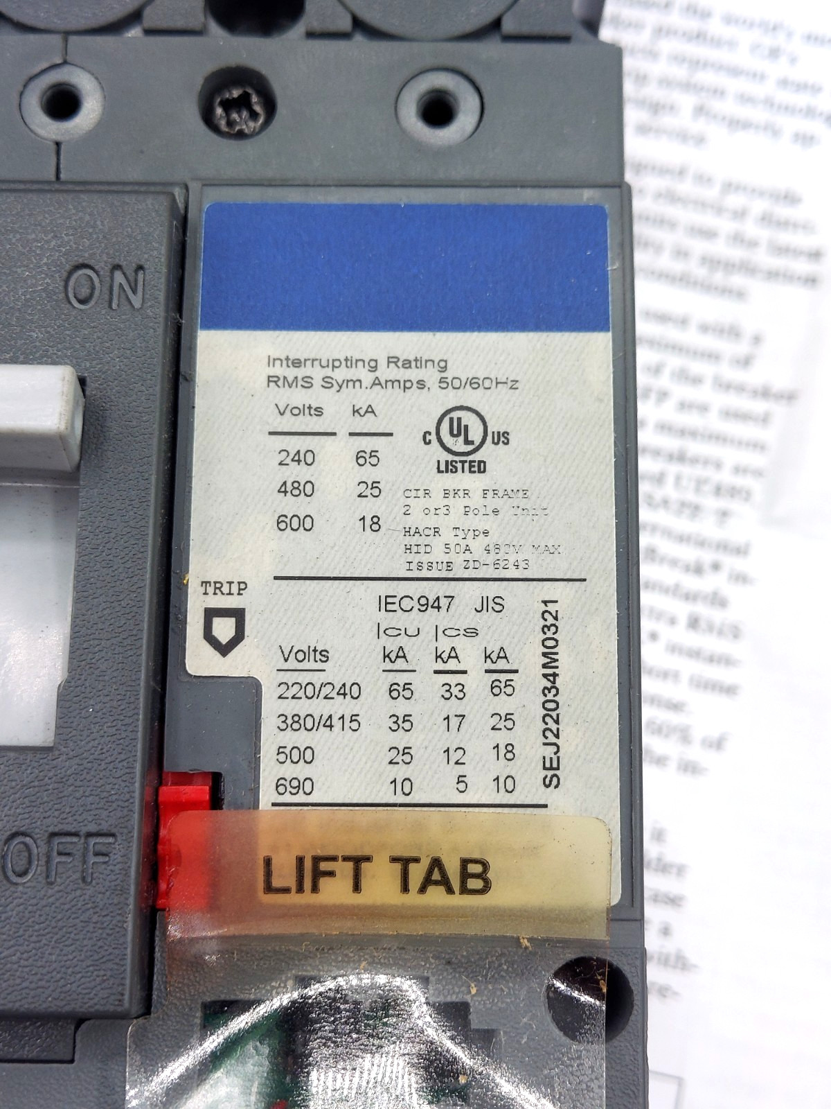 GE – SEHA36AT0100 – Spectra Rms Molded Case Circuit Breaker, 100A, 600V **NEW**