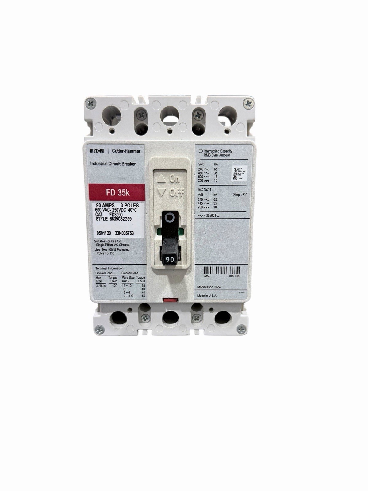 Eaton Cutler Hammer FD3090 90A 600V 3 Pole Circuit Breaker Series C