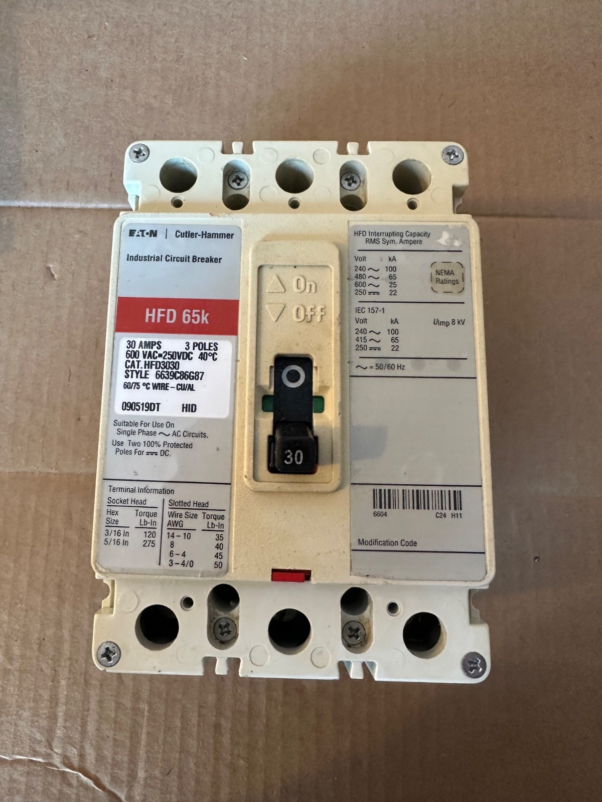 Eaton Cutler Hammer HFD3030 3 pole 30A 240-600v Circuit Breaker
