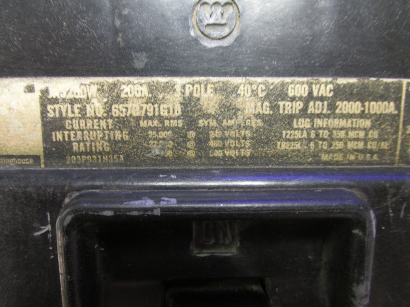 WESTINGHOUSE CIRCUIT BREAKER 3P, 200A, 400A RATING, CAT# JA3200W … WB-172