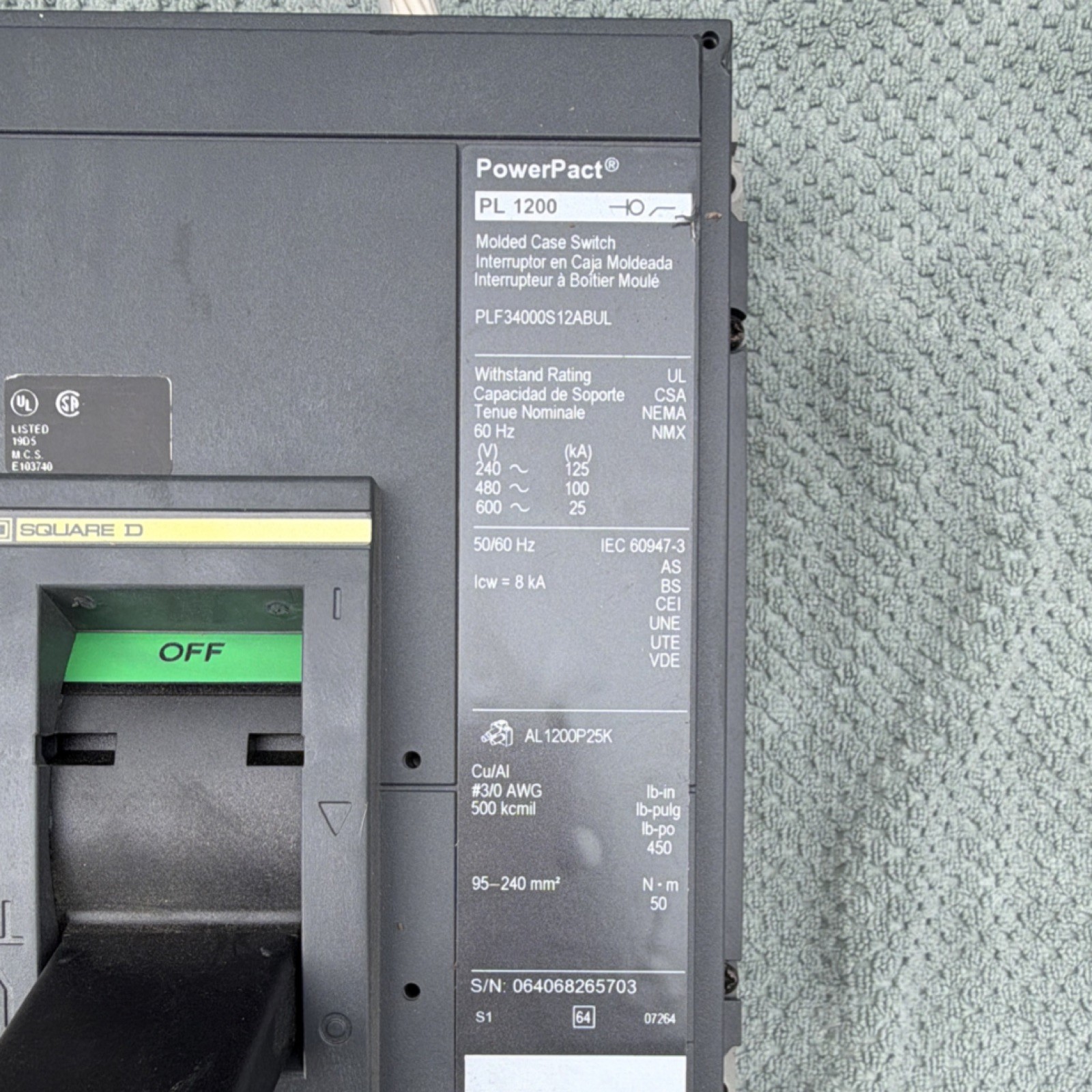 Square D PowerPact PL 1200 1200A 240/480/600V AC 3-Pole Main Circuit Breaker
