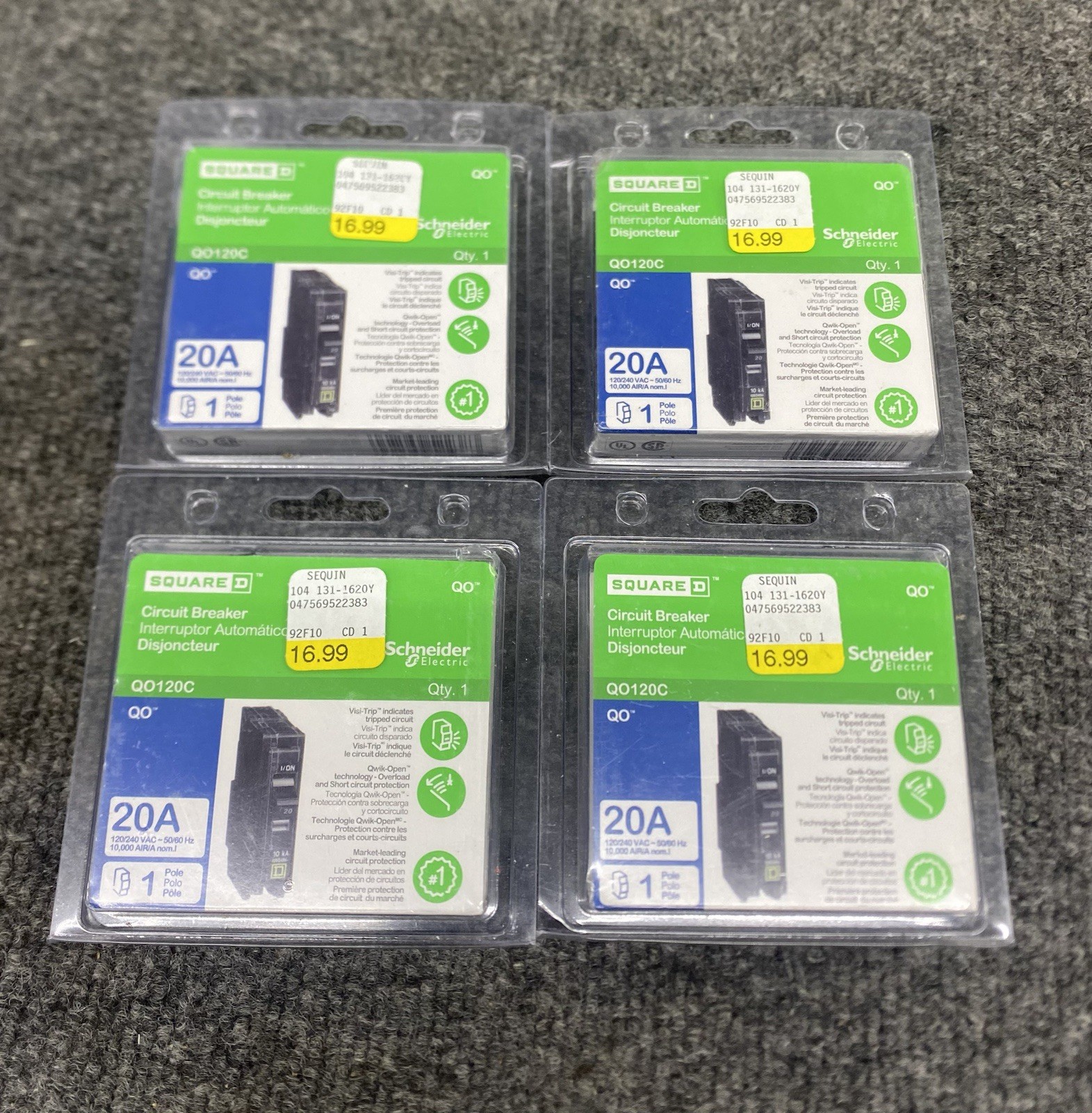 SQUARE D QO120C CIRCUIT BREAKER 1 POLE 20 AMP QO120C 4 Pack Lot New