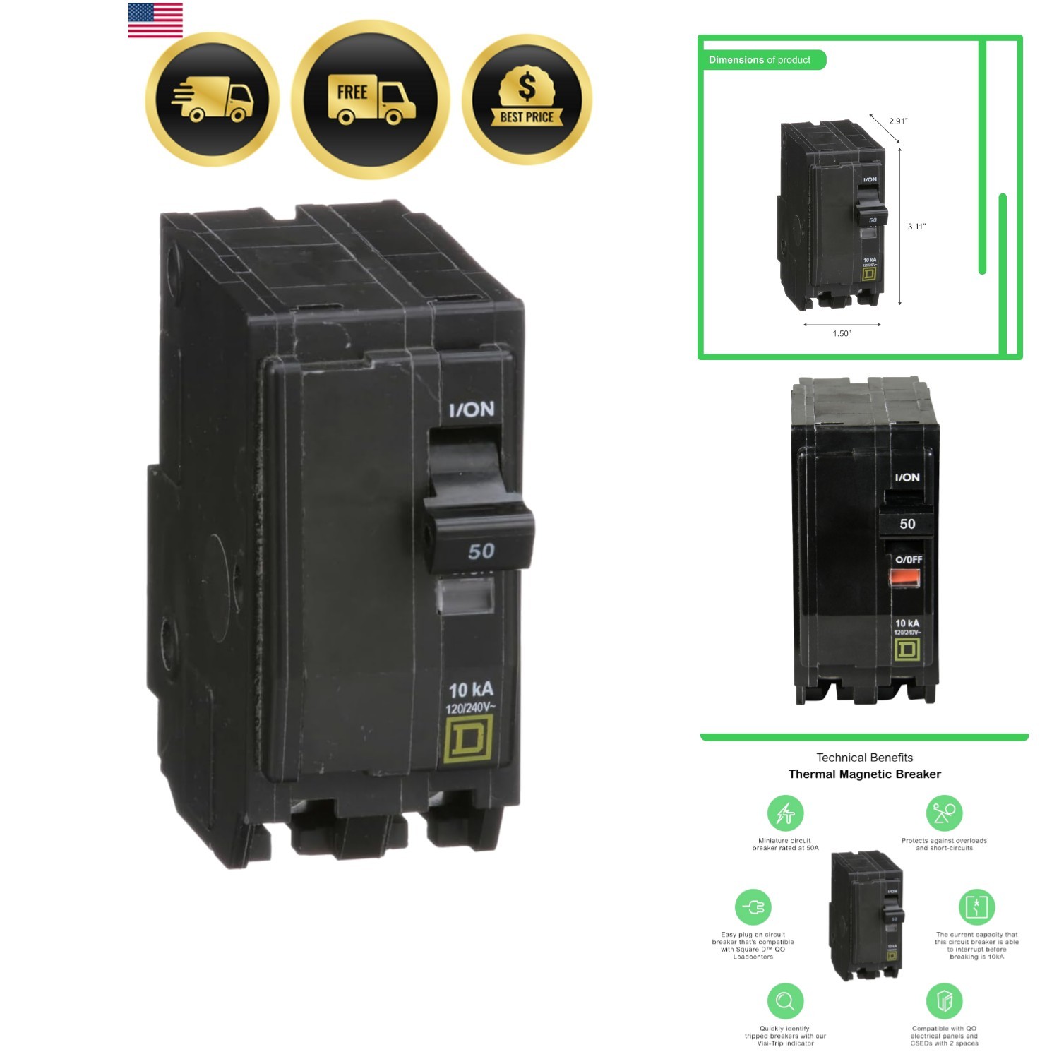 Square D by Qwik Open 50 Amp Mini Circuit Breaker, 2 Pole, 120/240V AC, 10kA …