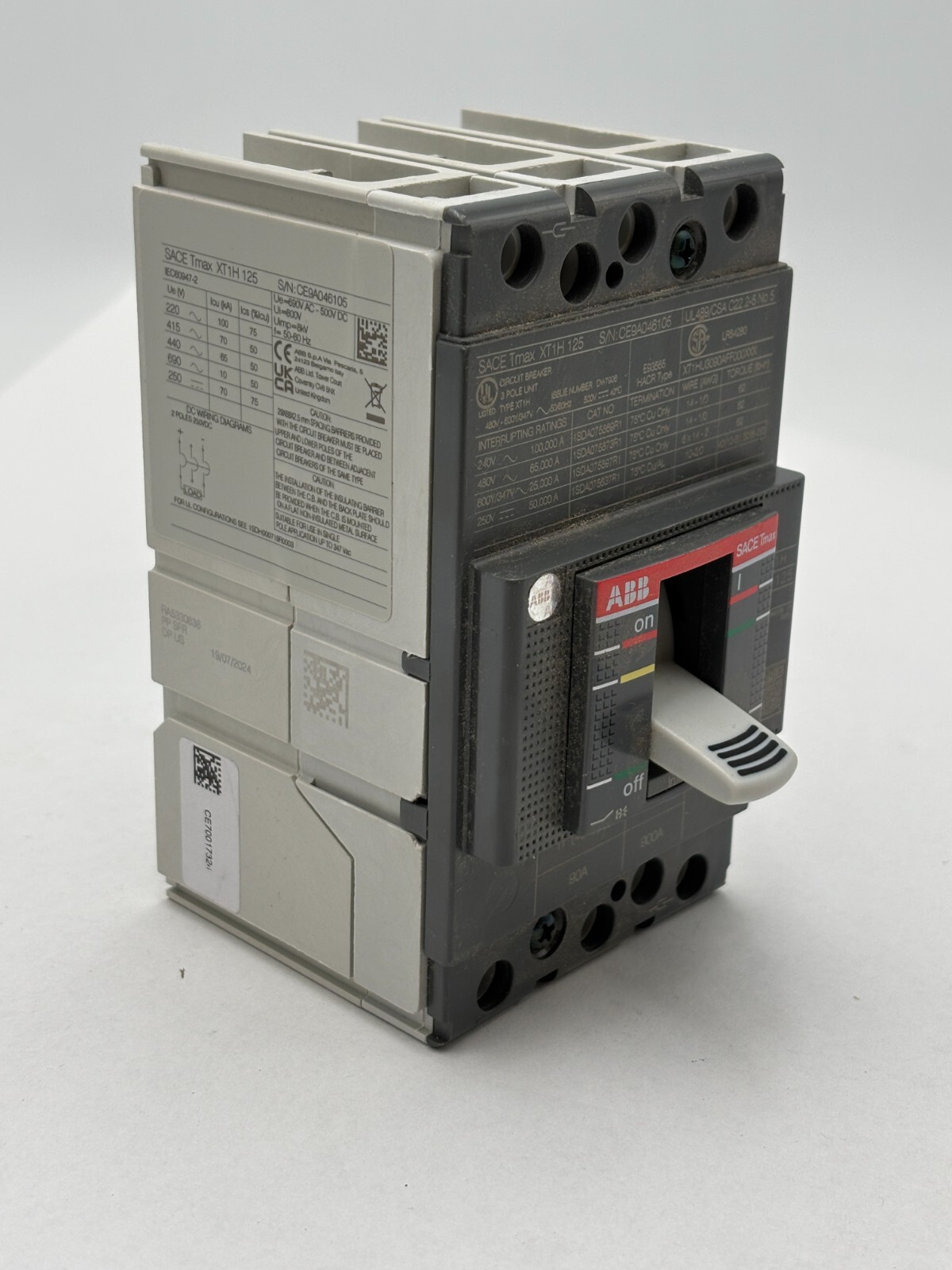 ABB SACE Tmax XT1H125 Bolt-On Circuit Breaker 90A 600VAC 3P 3PH Type XT1H 3 Pole